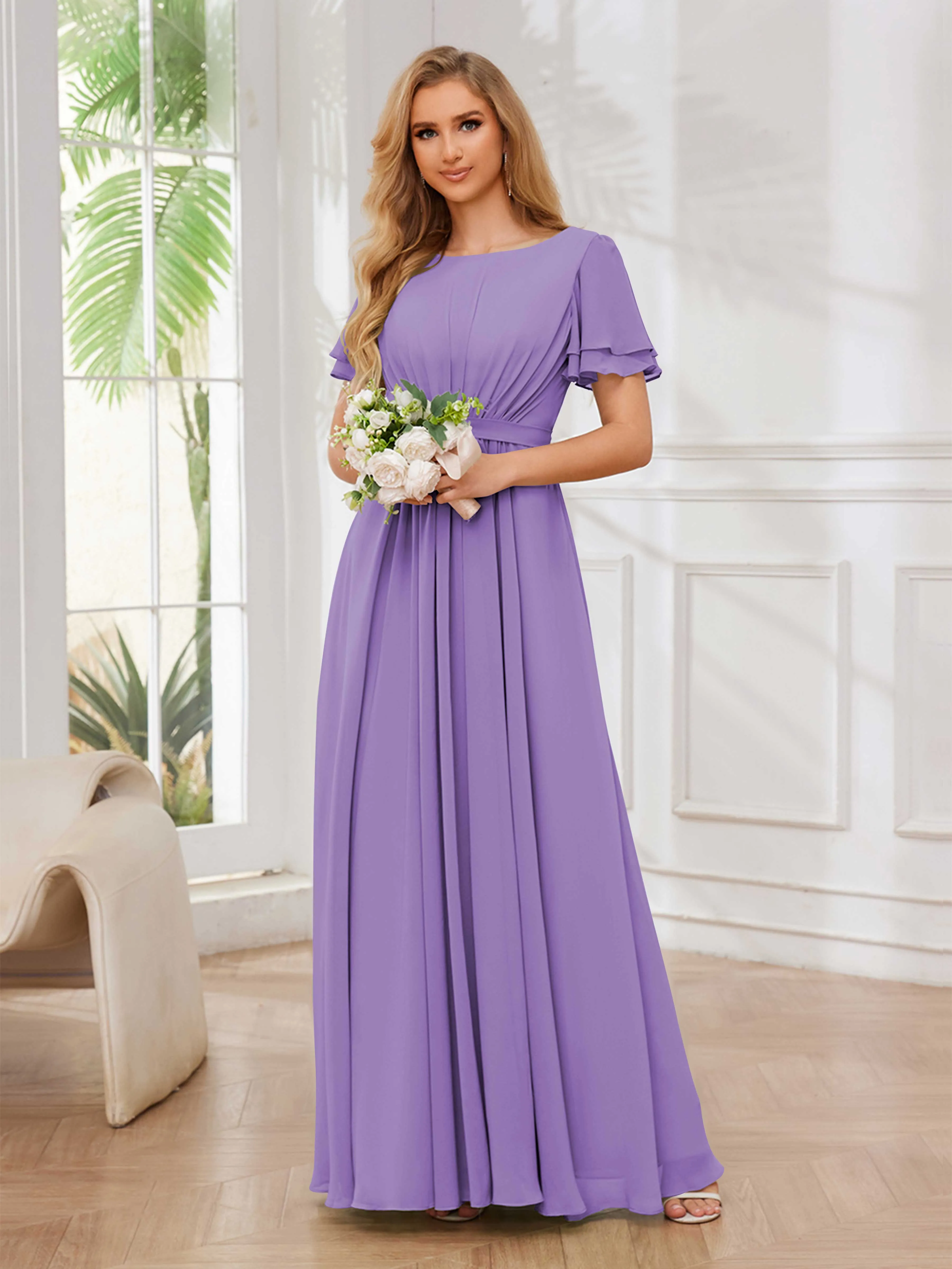 Briana Modest Scoop Short Sleeves Long Chiffon Bridesmaid Dresses