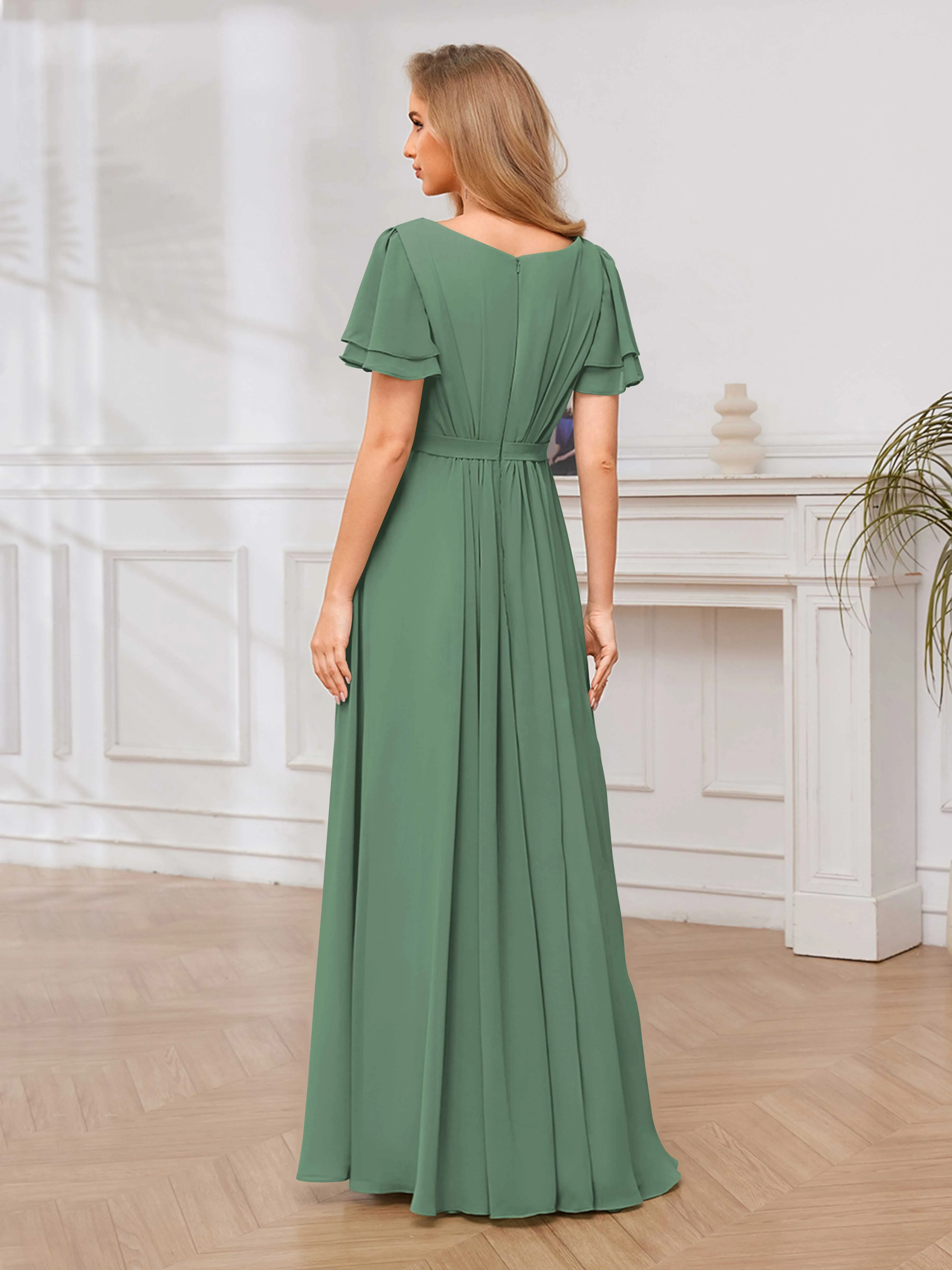 Briana Modest Scoop Short Sleeves Long Chiffon Bridesmaid Dresses