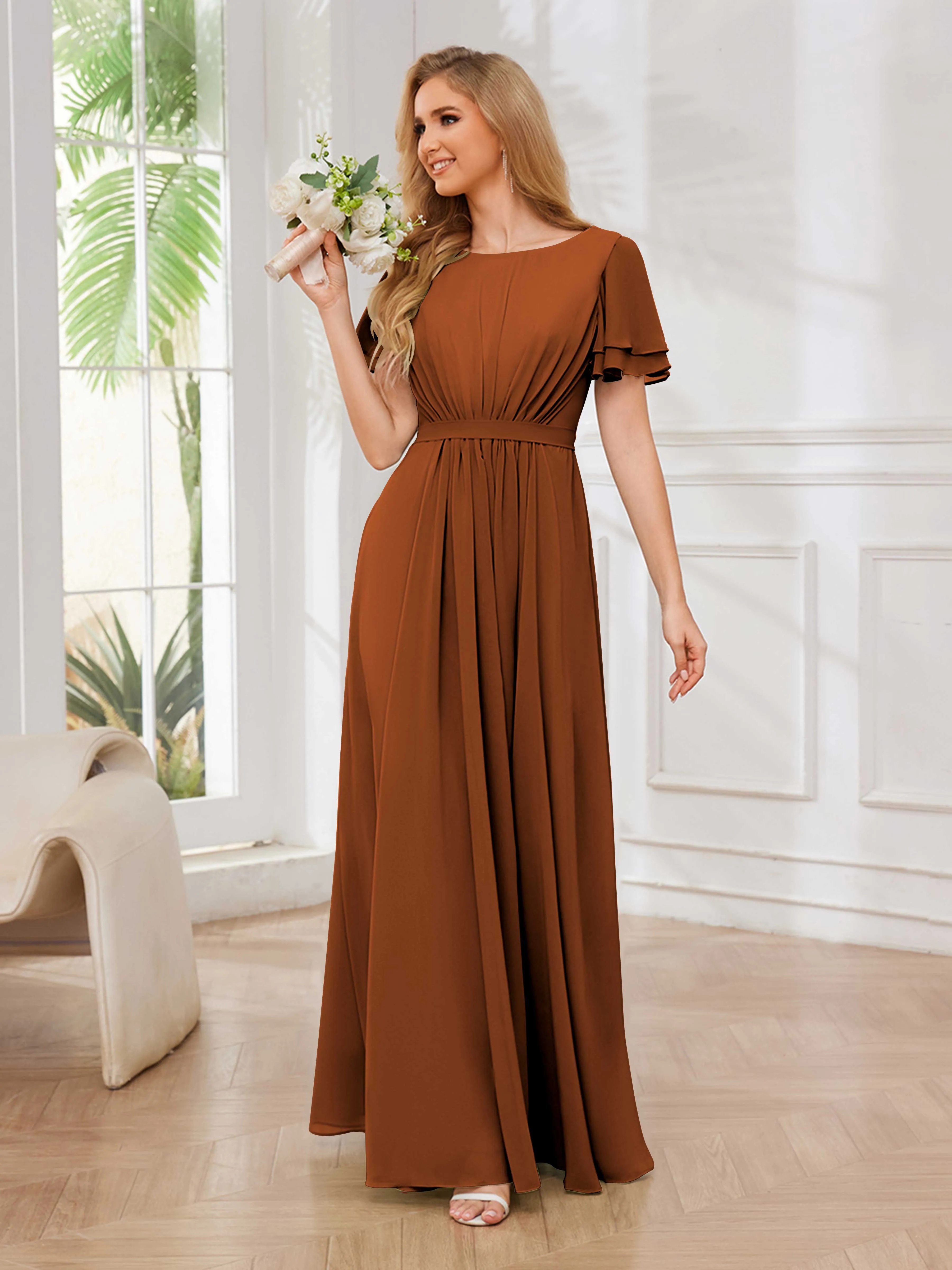 Briana Modest Scoop Short Sleeves Long Chiffon Bridesmaid Dresses