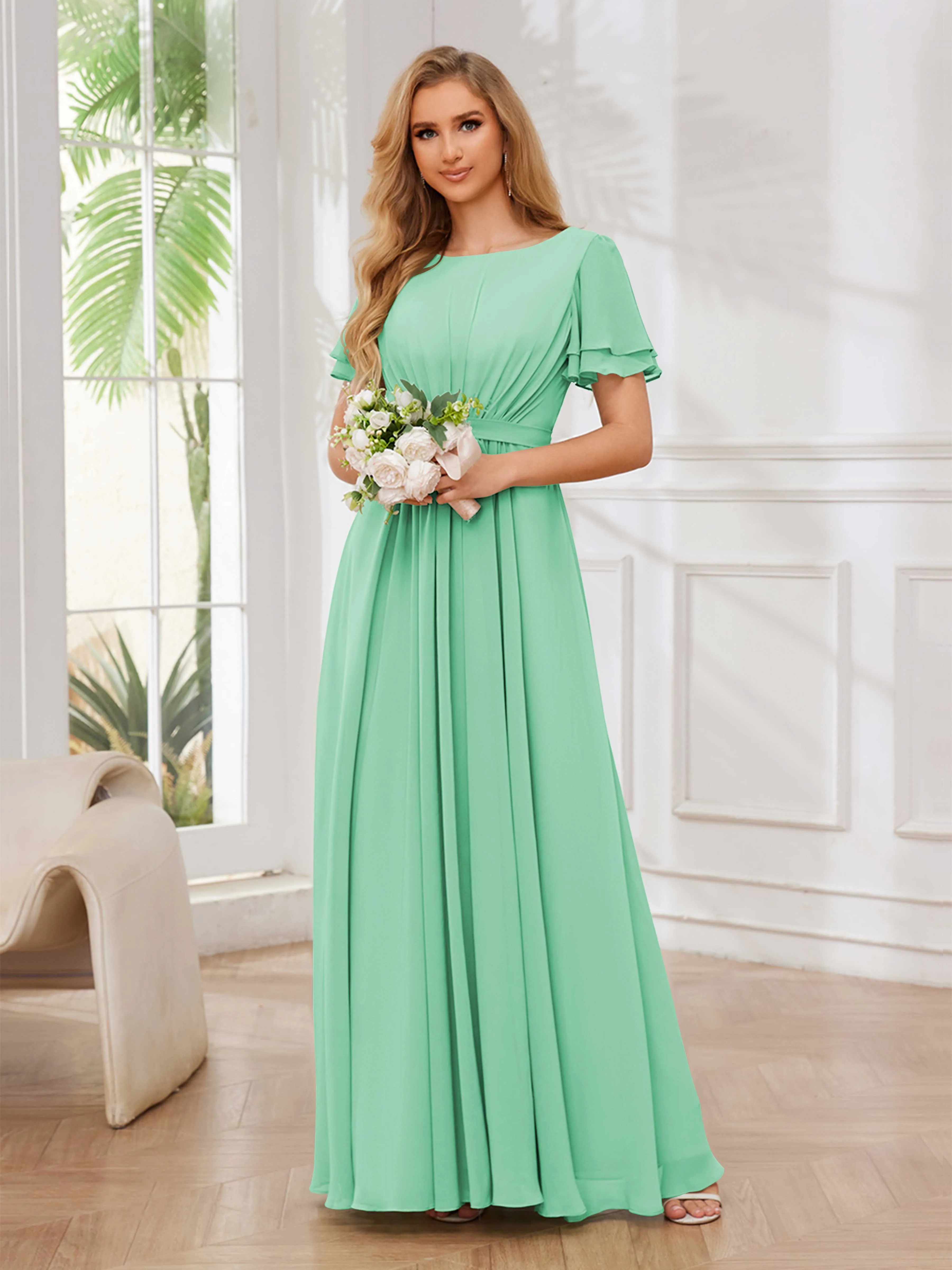 Briana Modest Scoop Short Sleeves Long Chiffon Bridesmaid Dresses