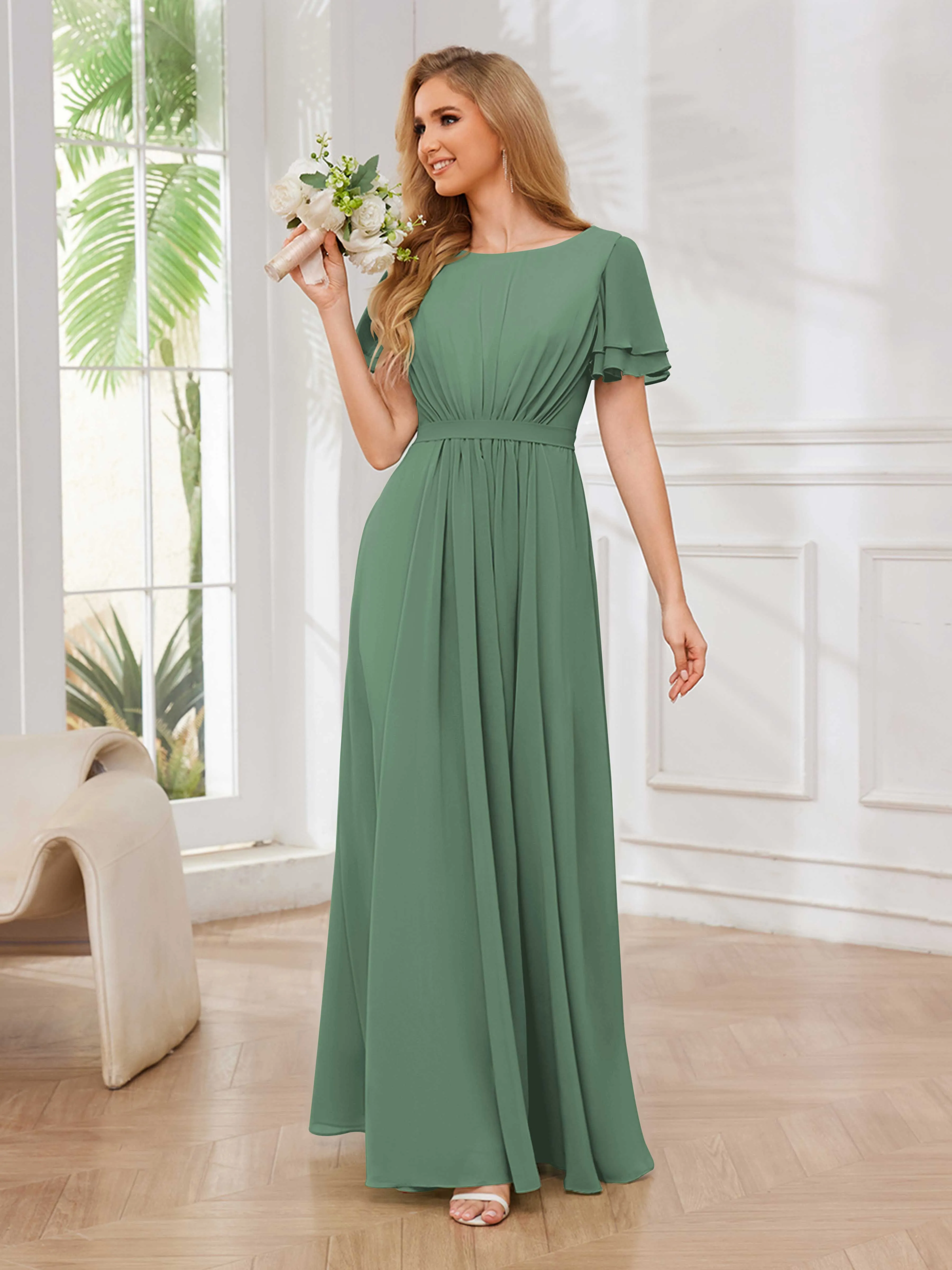 Briana Modest Scoop Short Sleeves Long Chiffon Bridesmaid Dresses
