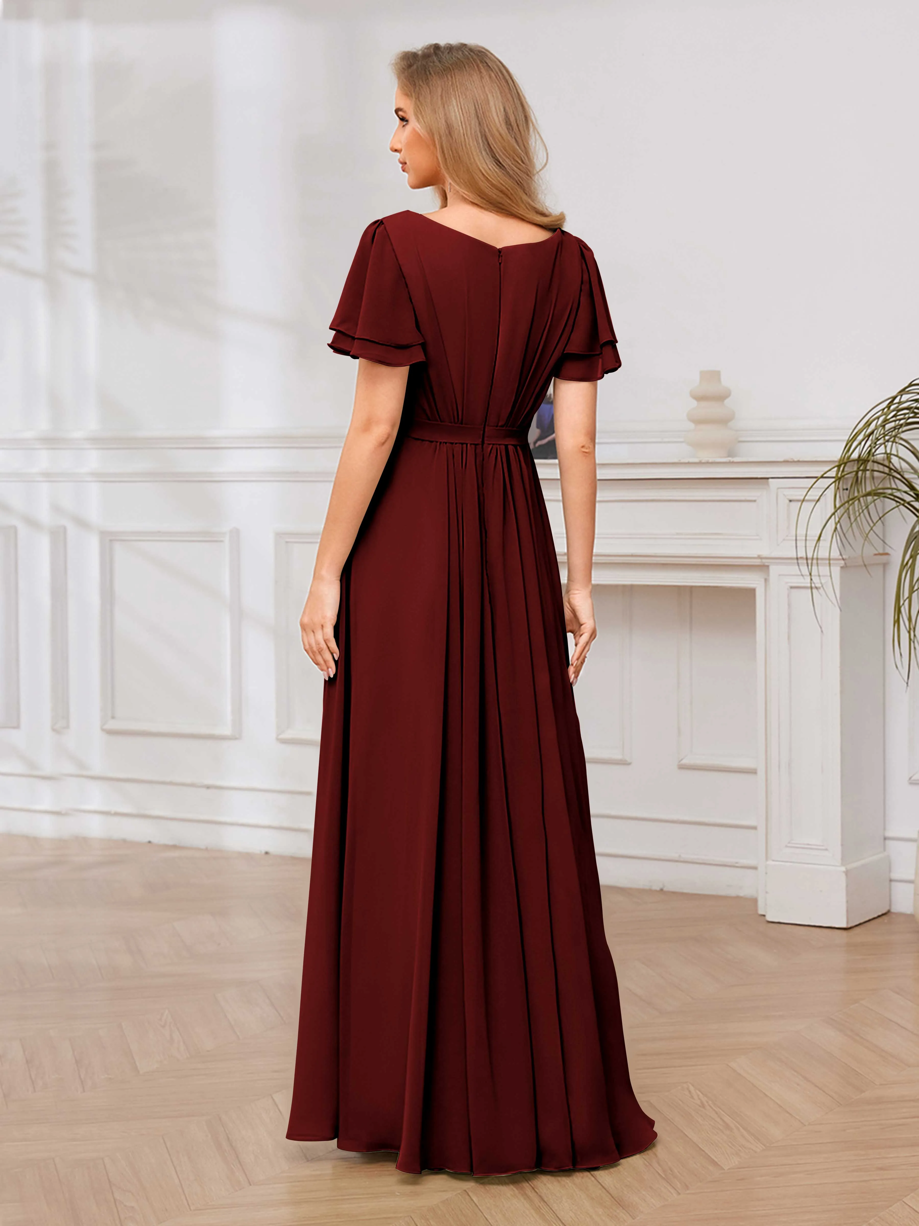 Briana Modest Scoop Short Sleeves Long Chiffon Bridesmaid Dresses