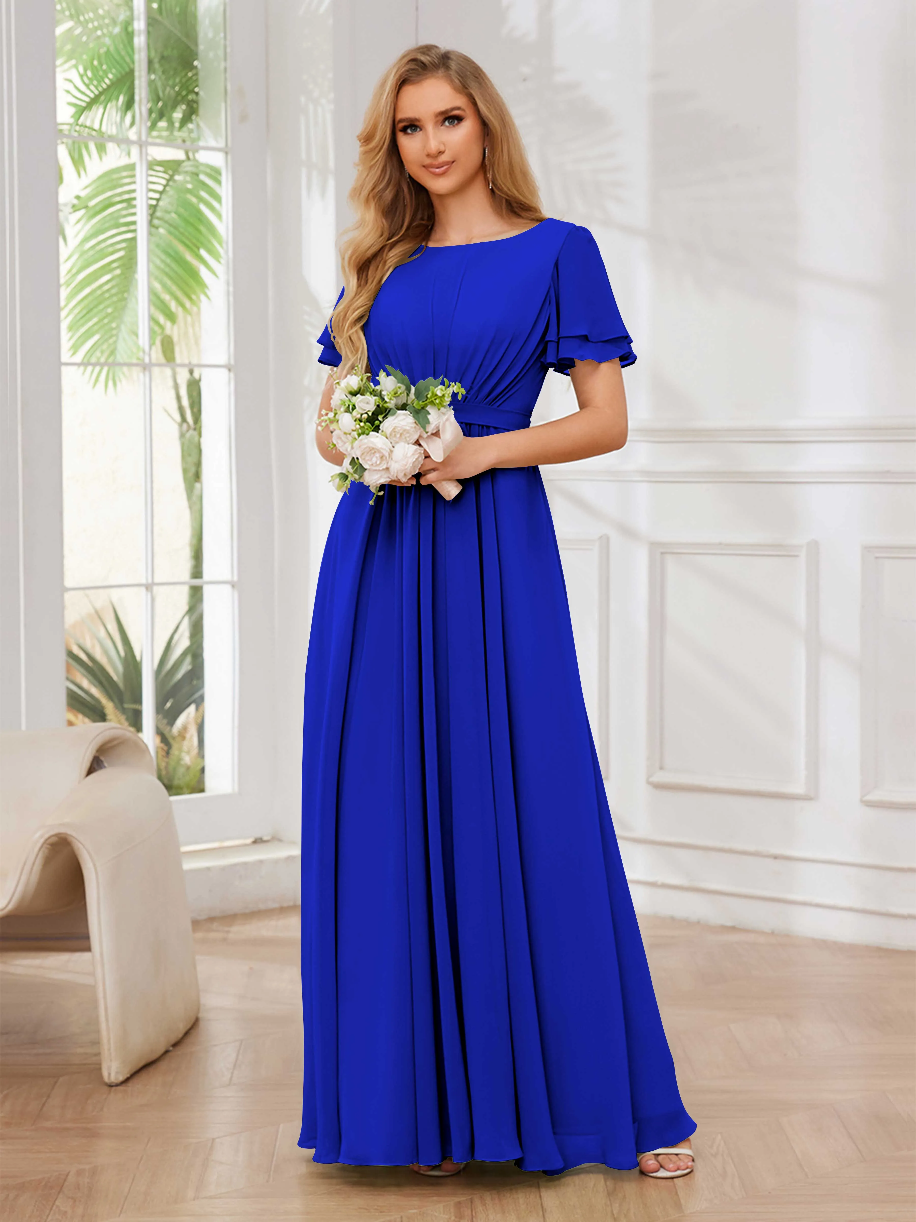 Briana Modest Scoop Short Sleeves Long Chiffon Bridesmaid Dresses