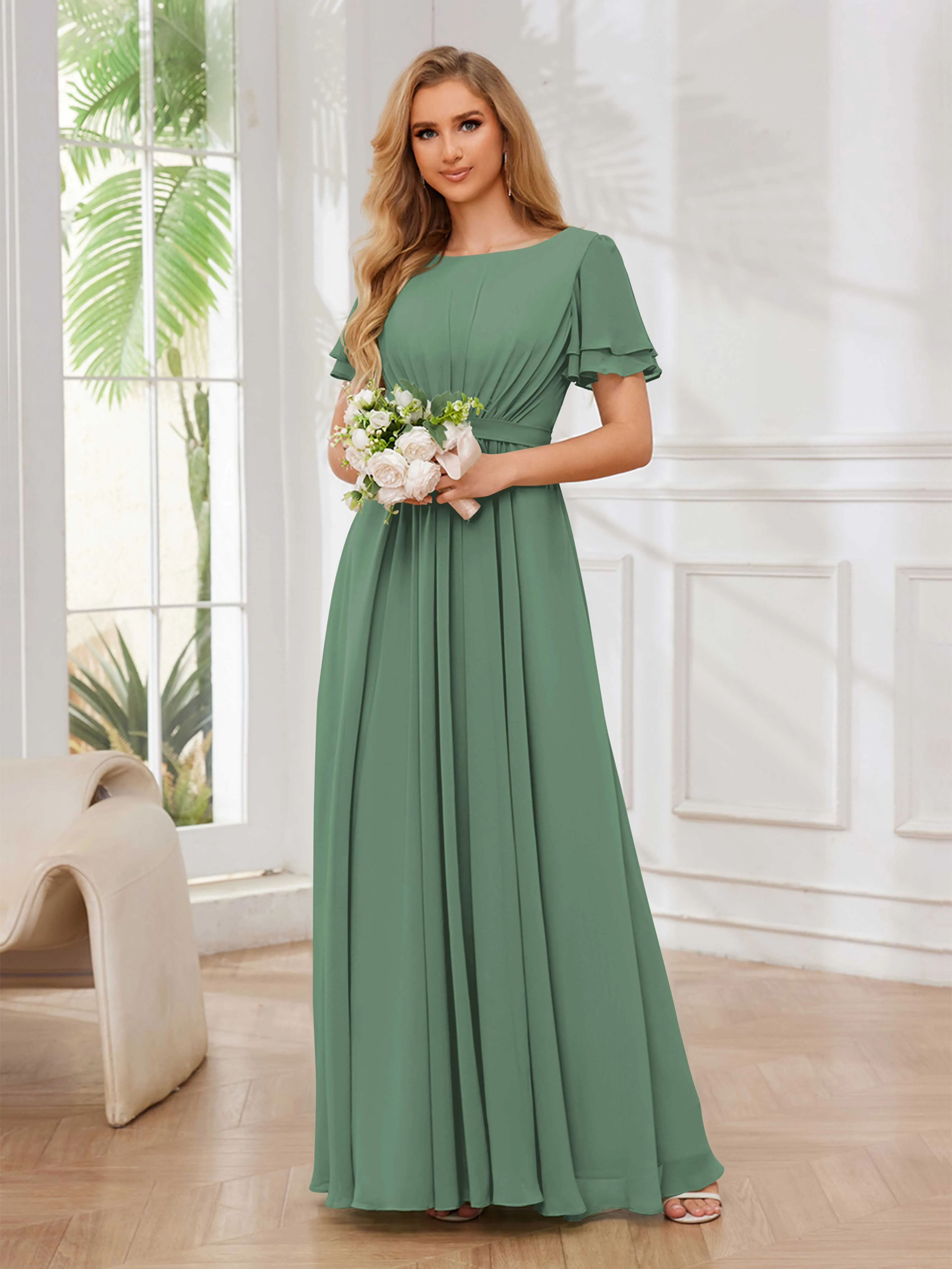 Briana Modest Scoop Short Sleeves Long Chiffon Bridesmaid Dresses