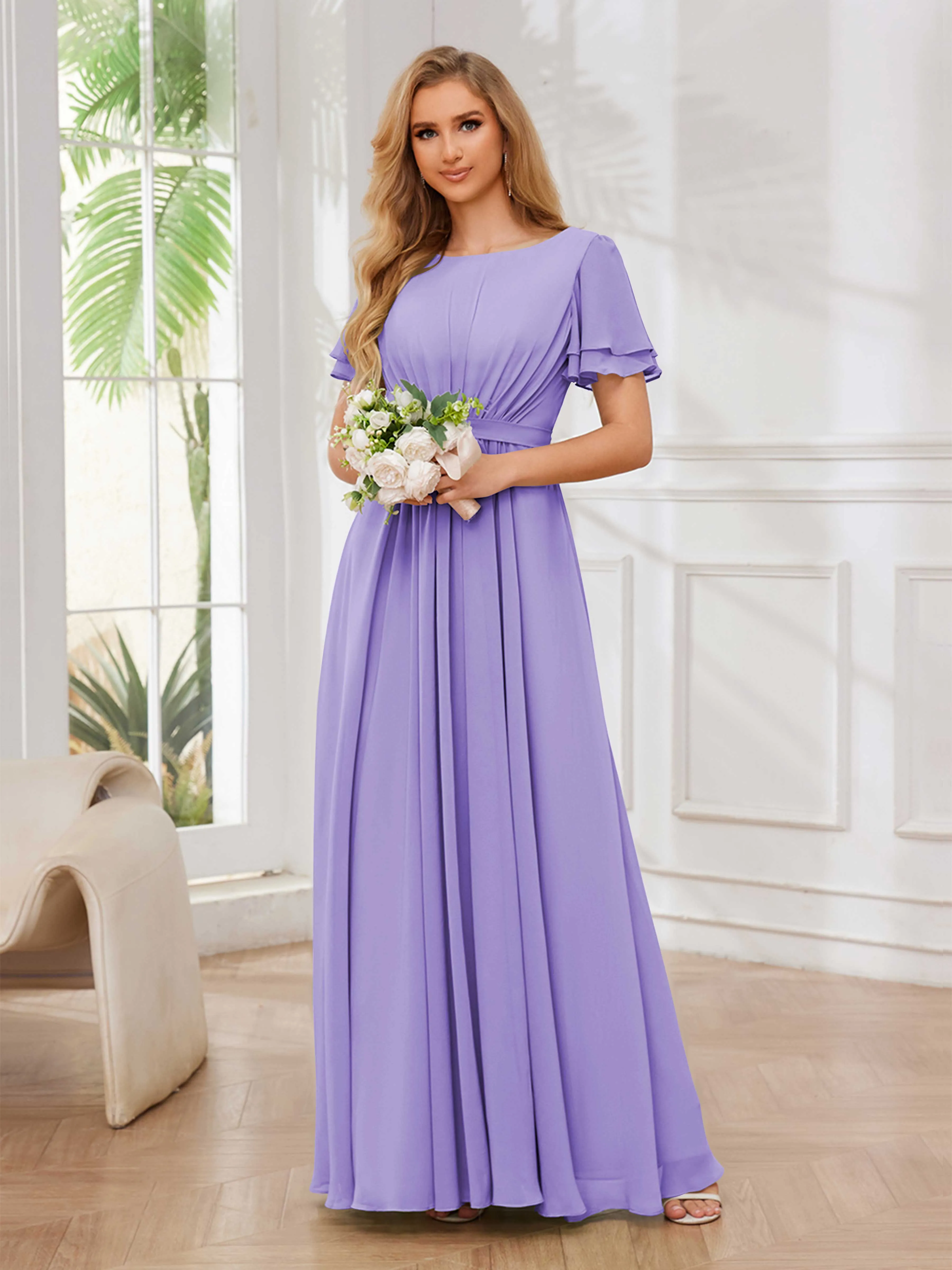 Briana Modest Scoop Short Sleeves Long Chiffon Bridesmaid Dresses