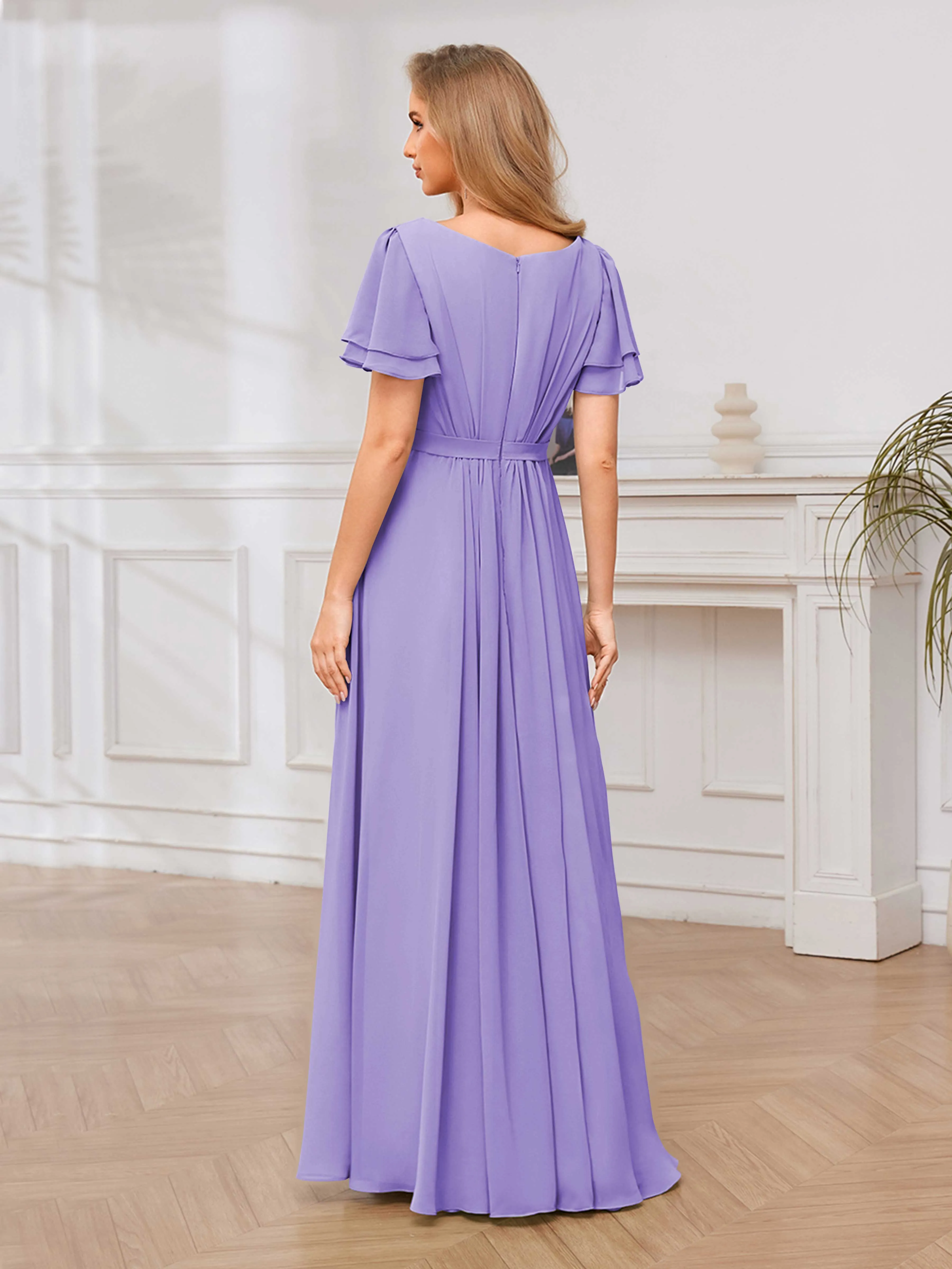 Briana Modest Scoop Short Sleeves Long Chiffon Bridesmaid Dresses