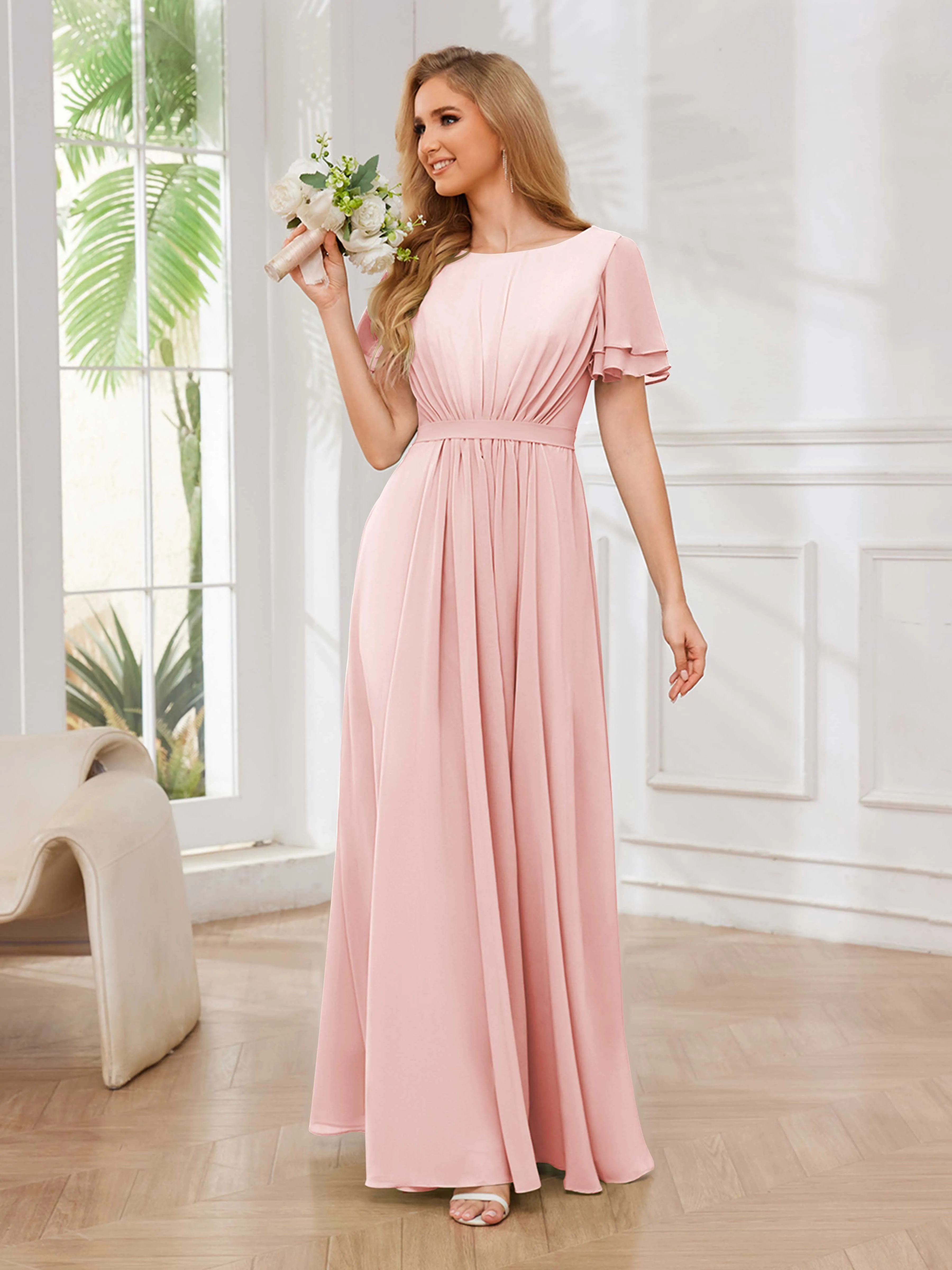 Briana Modest Scoop Short Sleeves Long Chiffon Bridesmaid Dresses