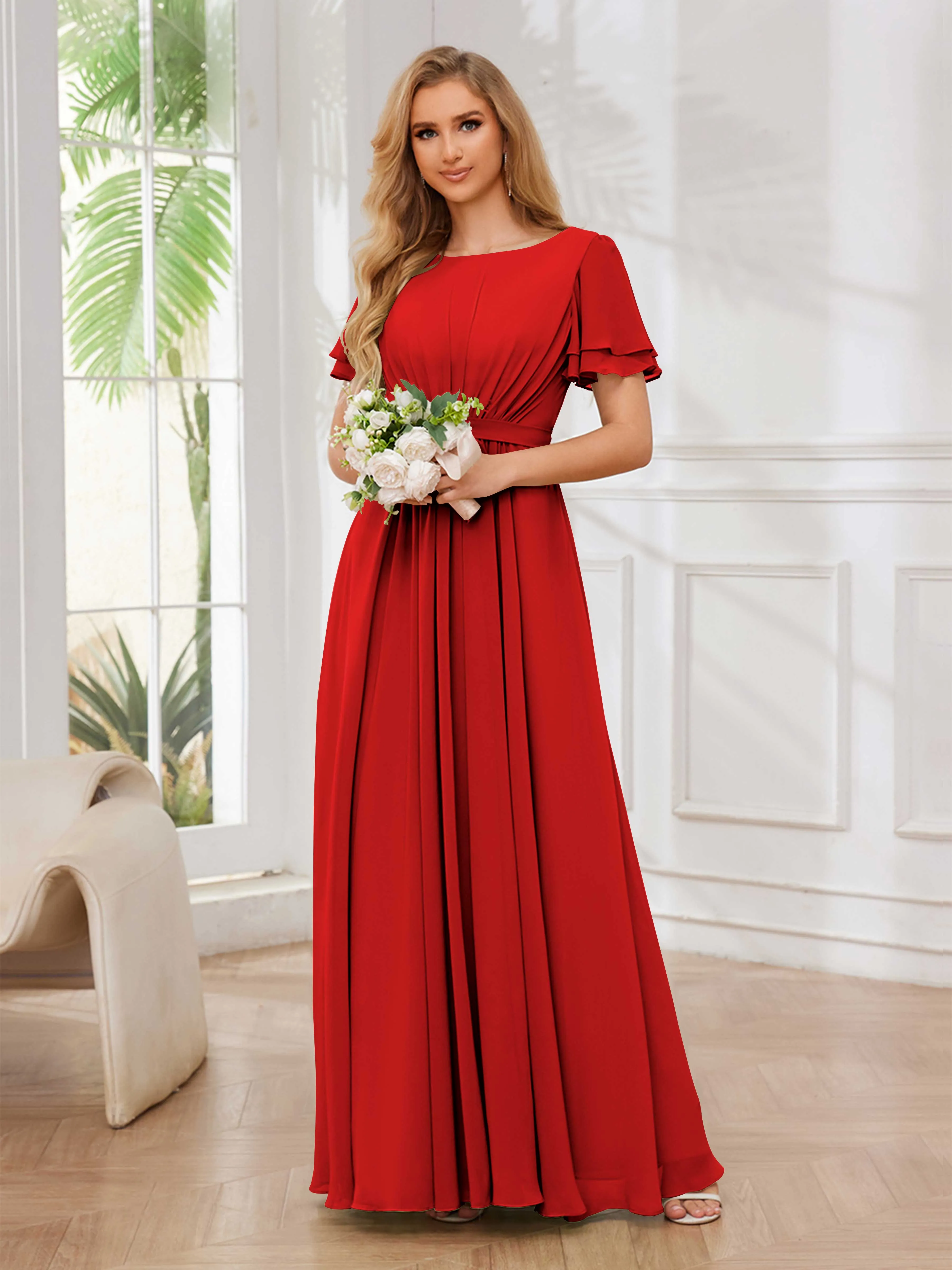 Briana Modest Scoop Short Sleeves Long Chiffon Bridesmaid Dresses