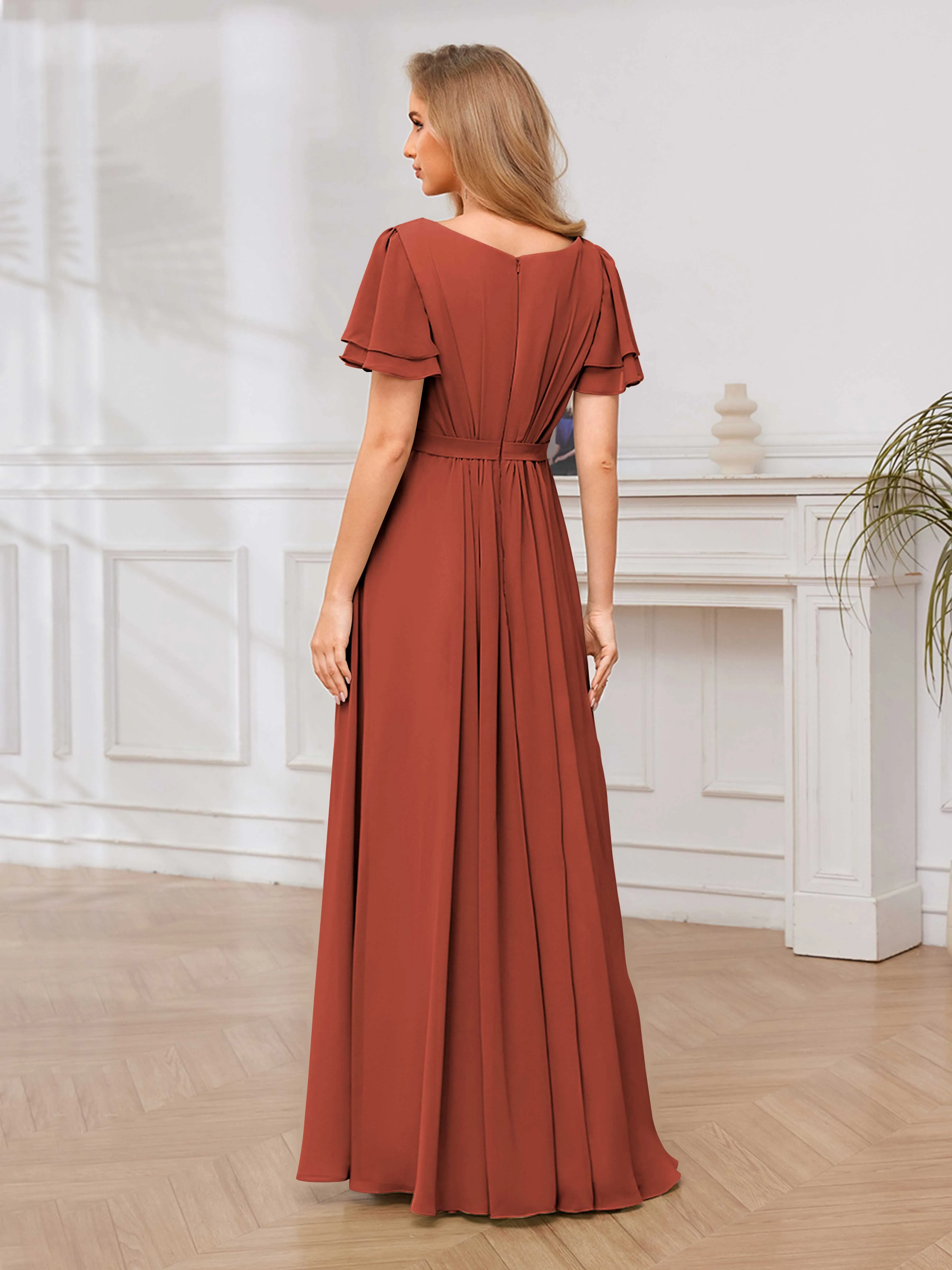 Briana Modest Scoop Short Sleeves Long Chiffon Bridesmaid Dresses