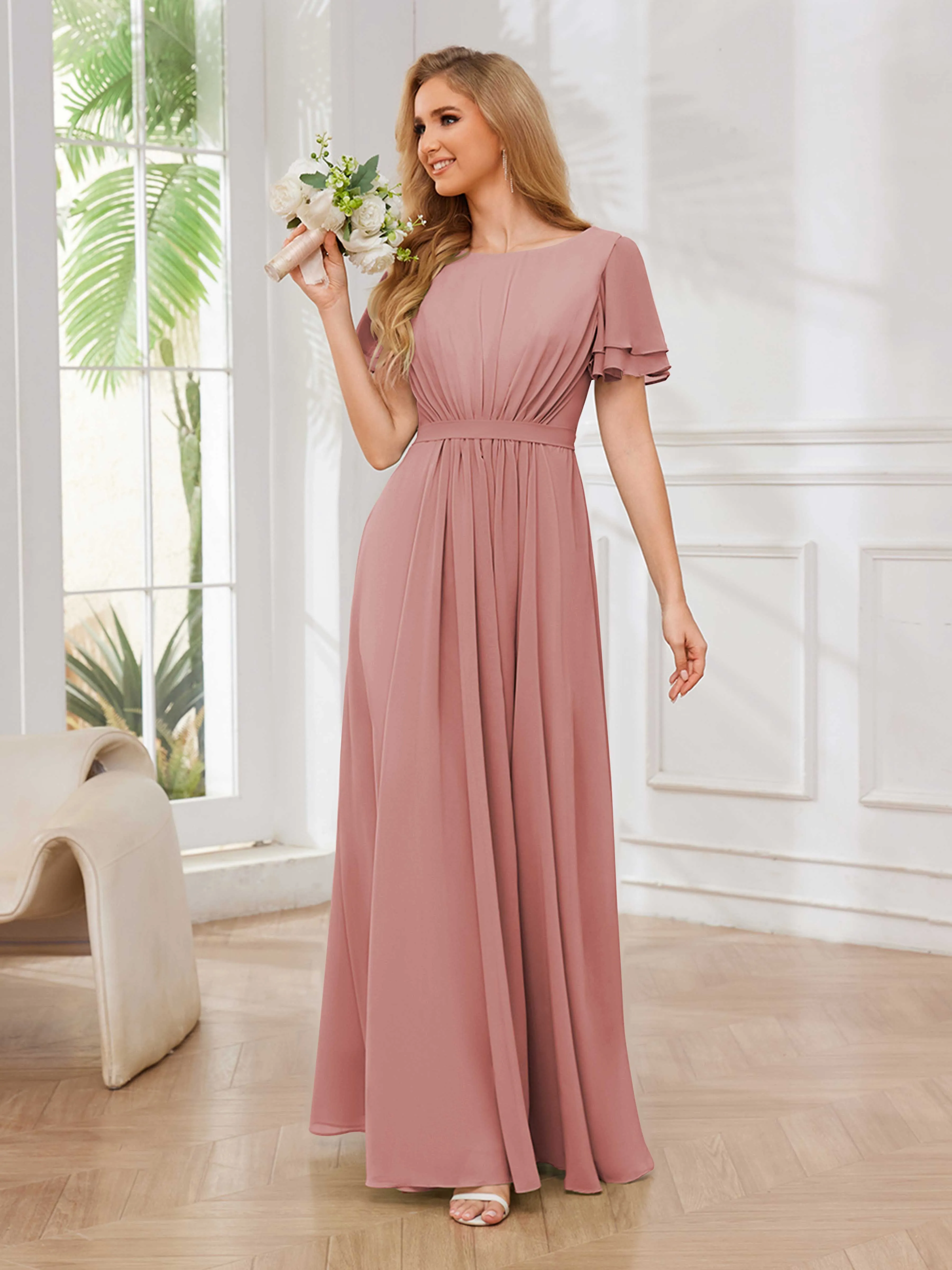 Briana Modest Scoop Short Sleeves Long Chiffon Bridesmaid Dresses