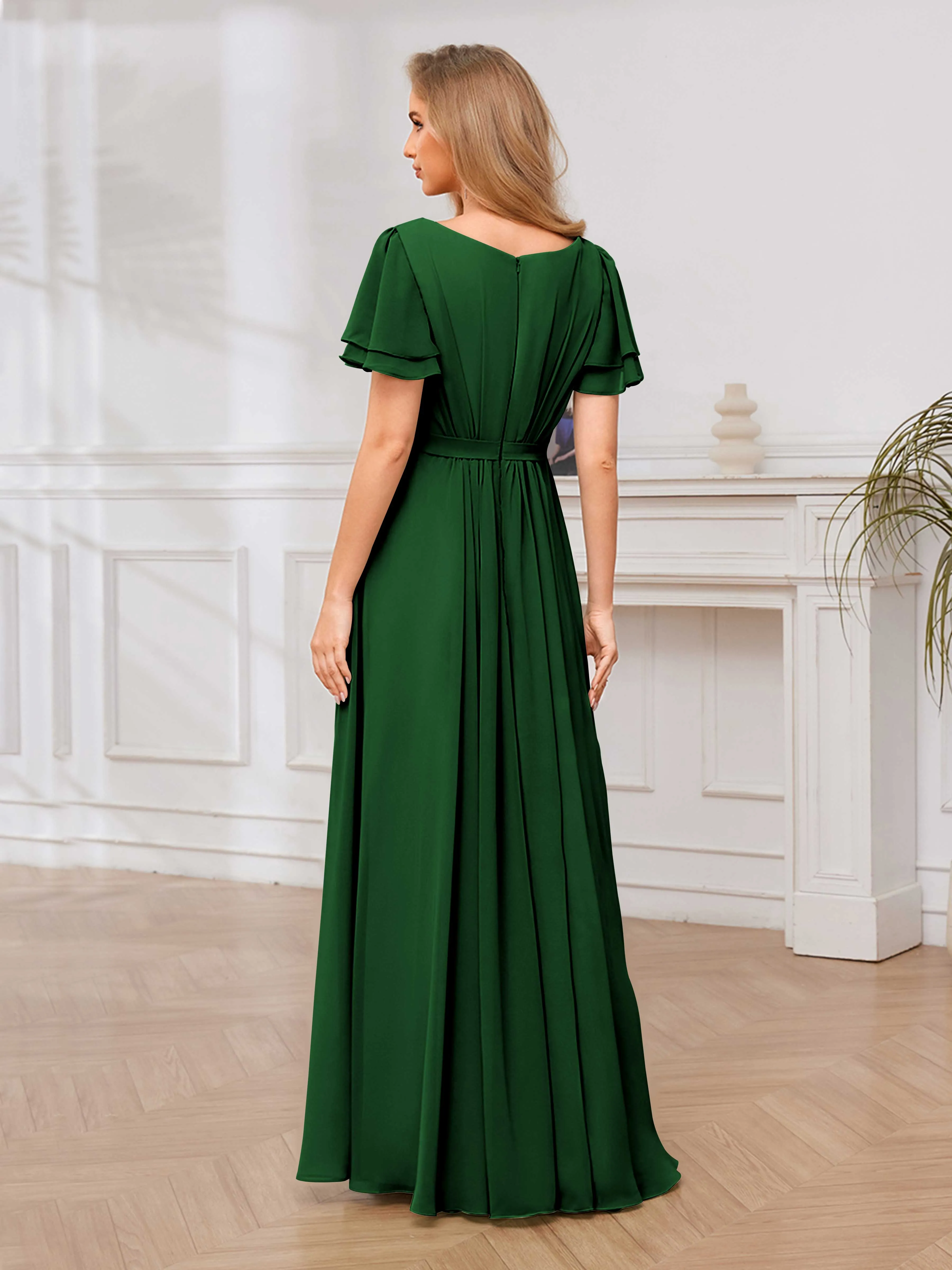 Briana Modest Scoop Short Sleeves Long Chiffon Bridesmaid Dresses
