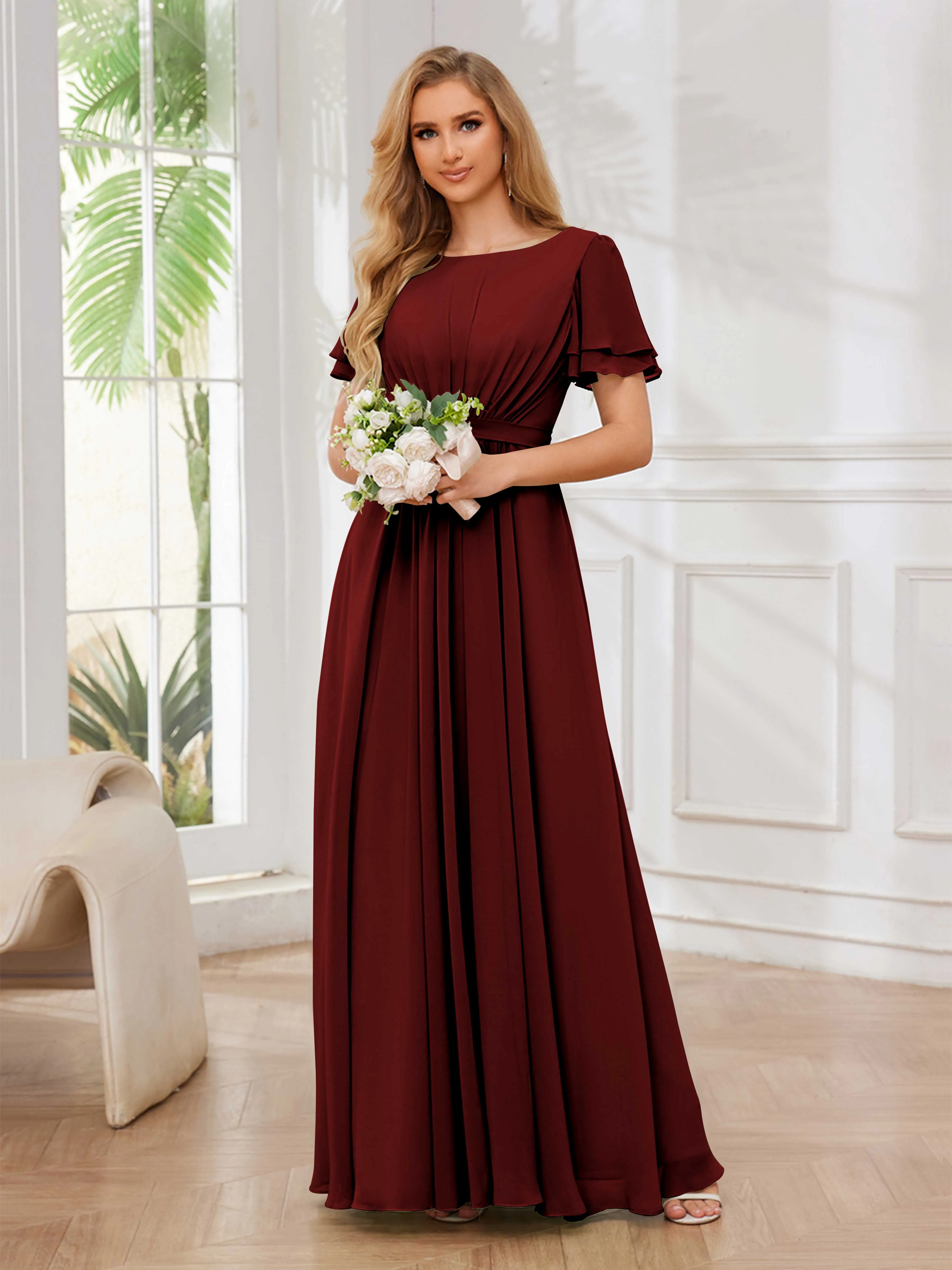 Briana Modest Scoop Short Sleeves Long Chiffon Bridesmaid Dresses