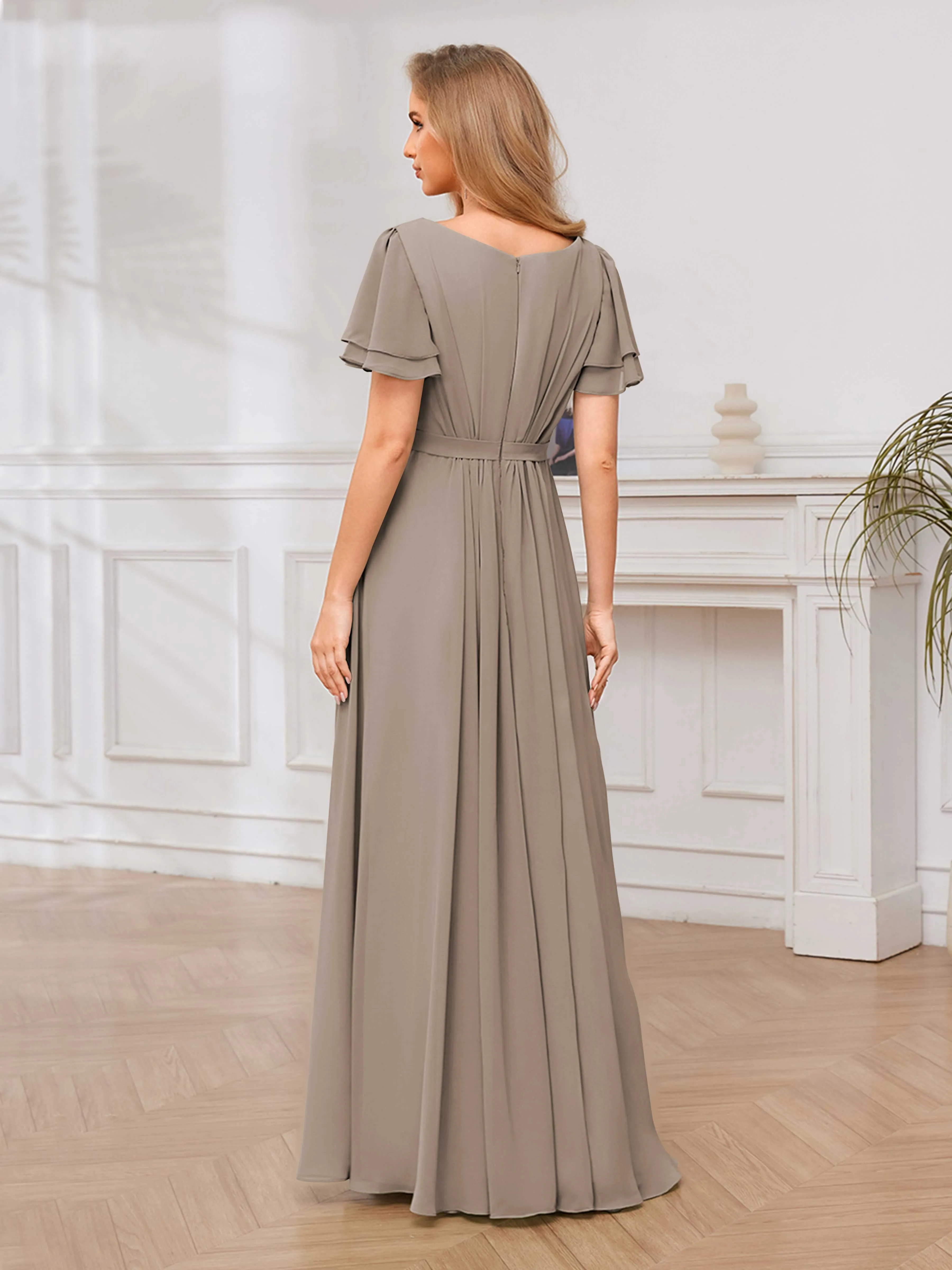 Briana Modest Scoop Short Sleeves Long Chiffon Bridesmaid Dresses