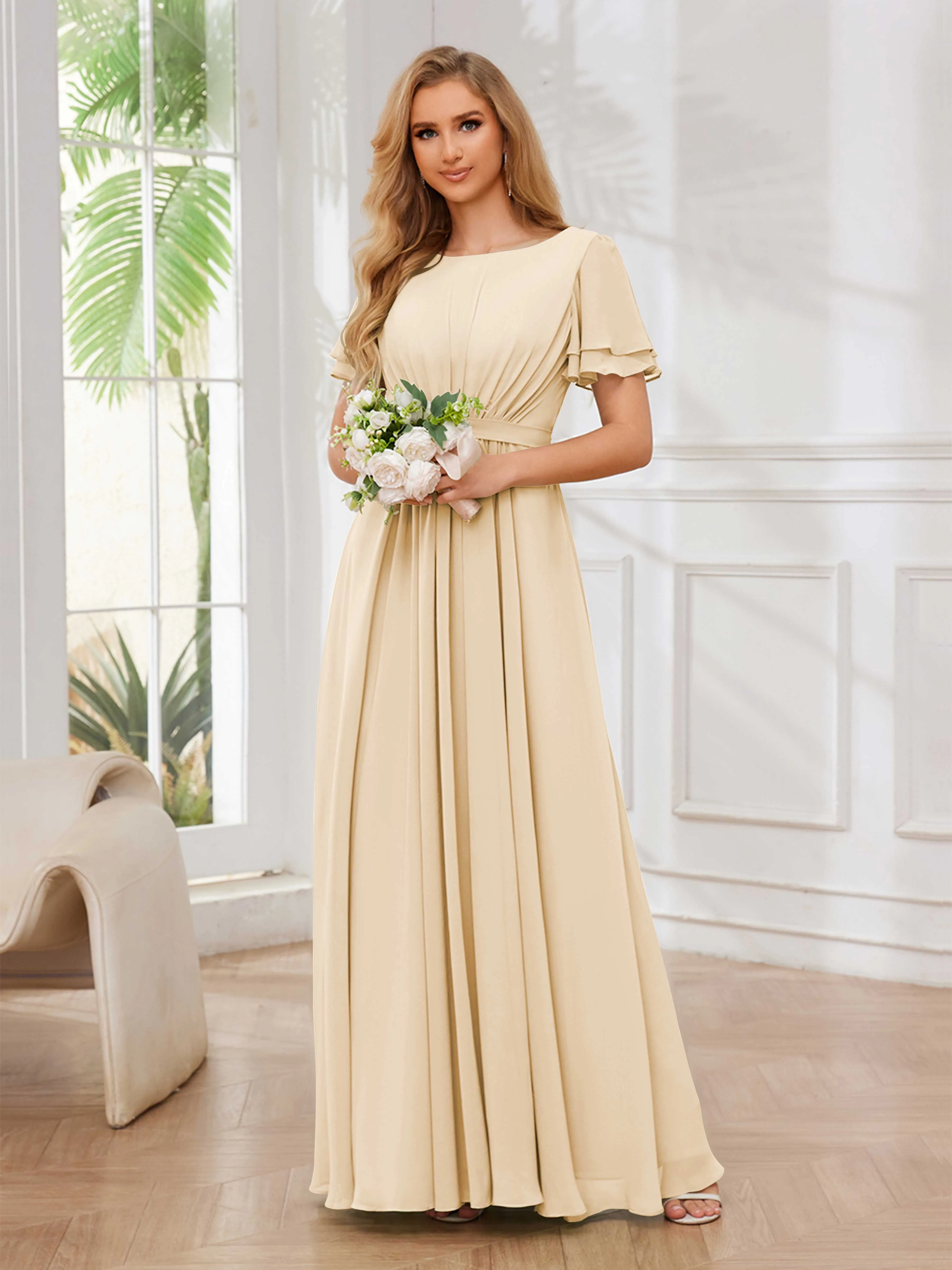 Briana Modest Scoop Short Sleeves Long Chiffon Bridesmaid Dresses