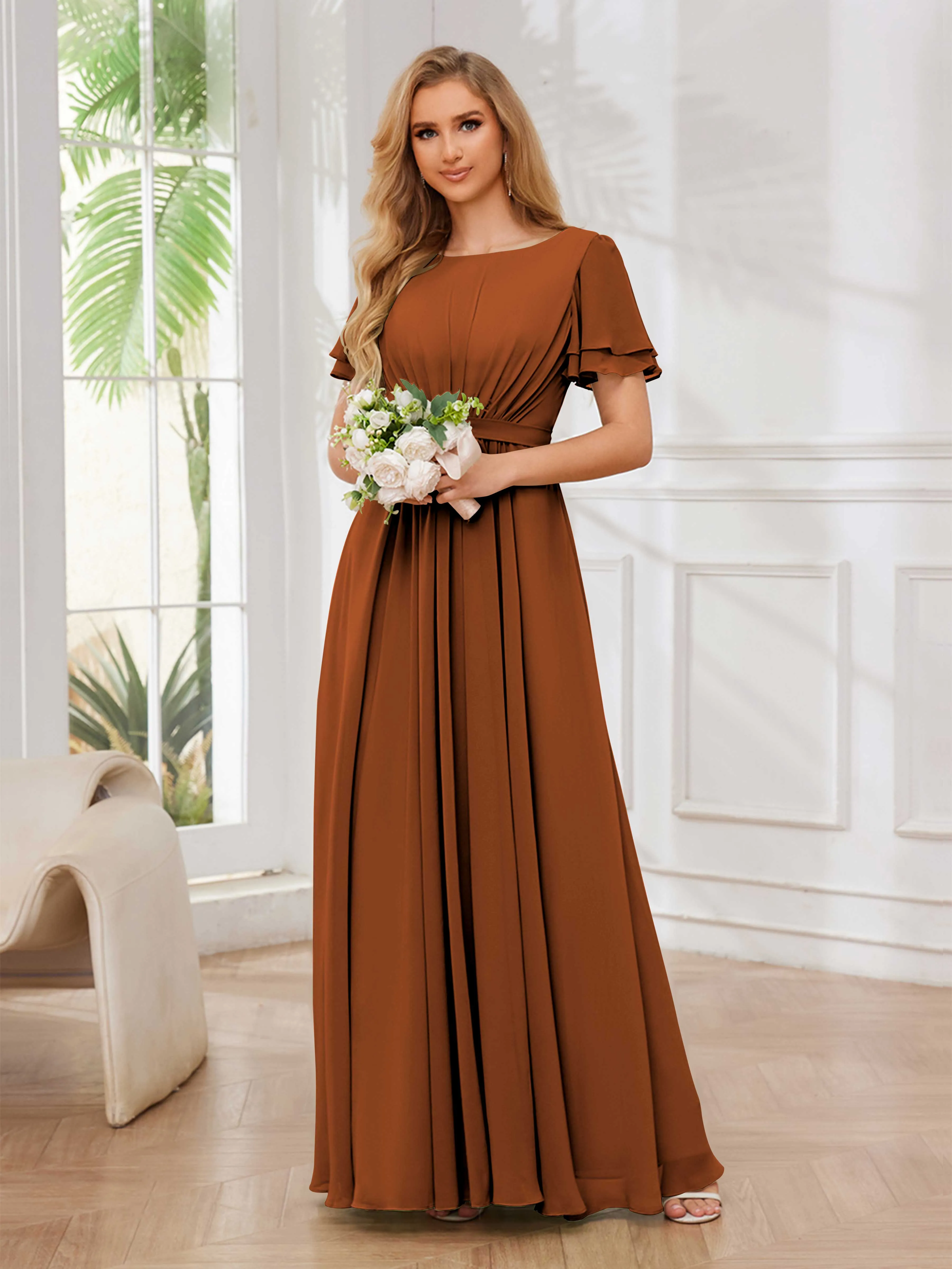 Briana Modest Scoop Short Sleeves Long Chiffon Bridesmaid Dresses