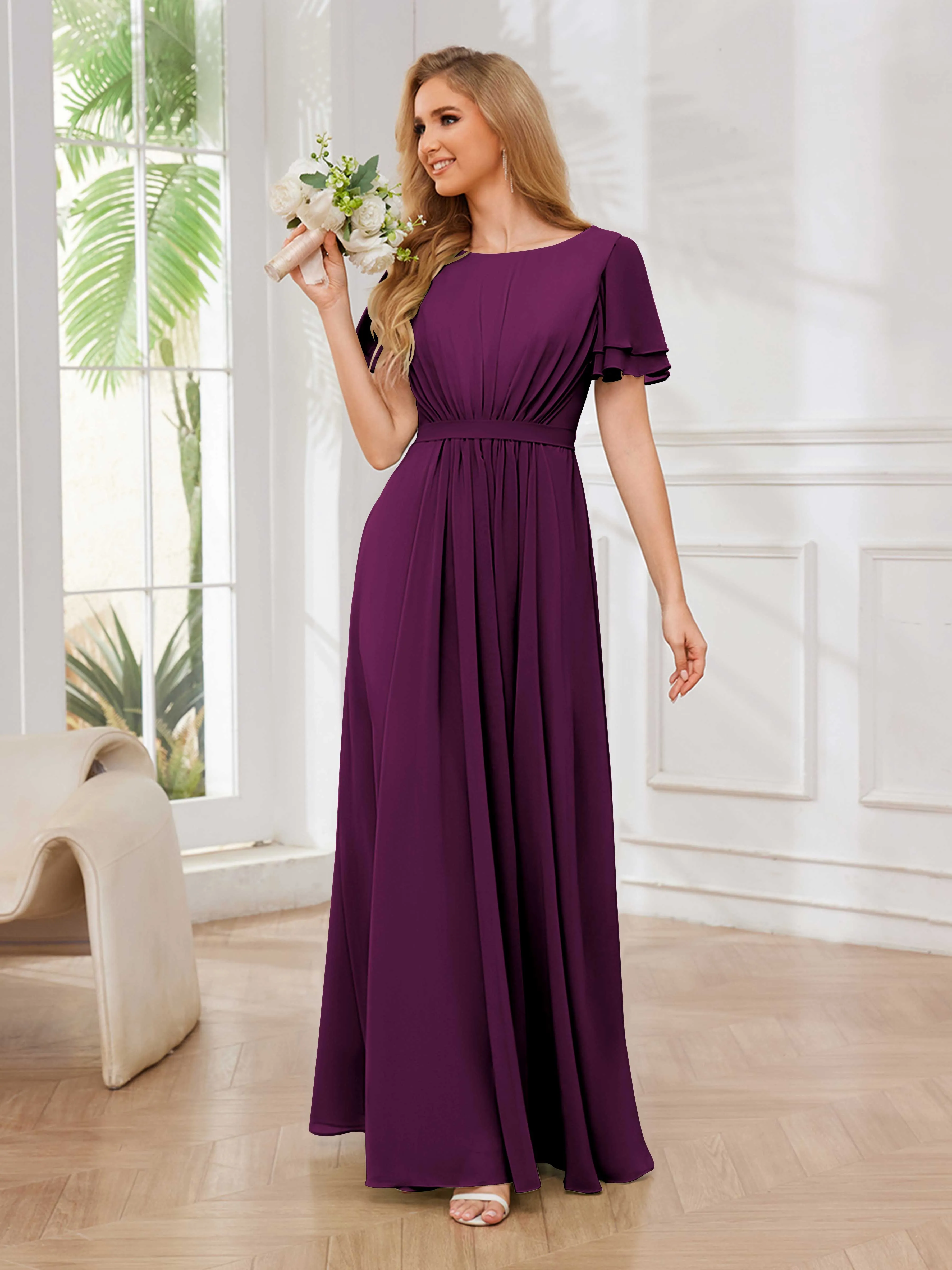 Briana Modest Scoop Short Sleeves Long Chiffon Bridesmaid Dresses