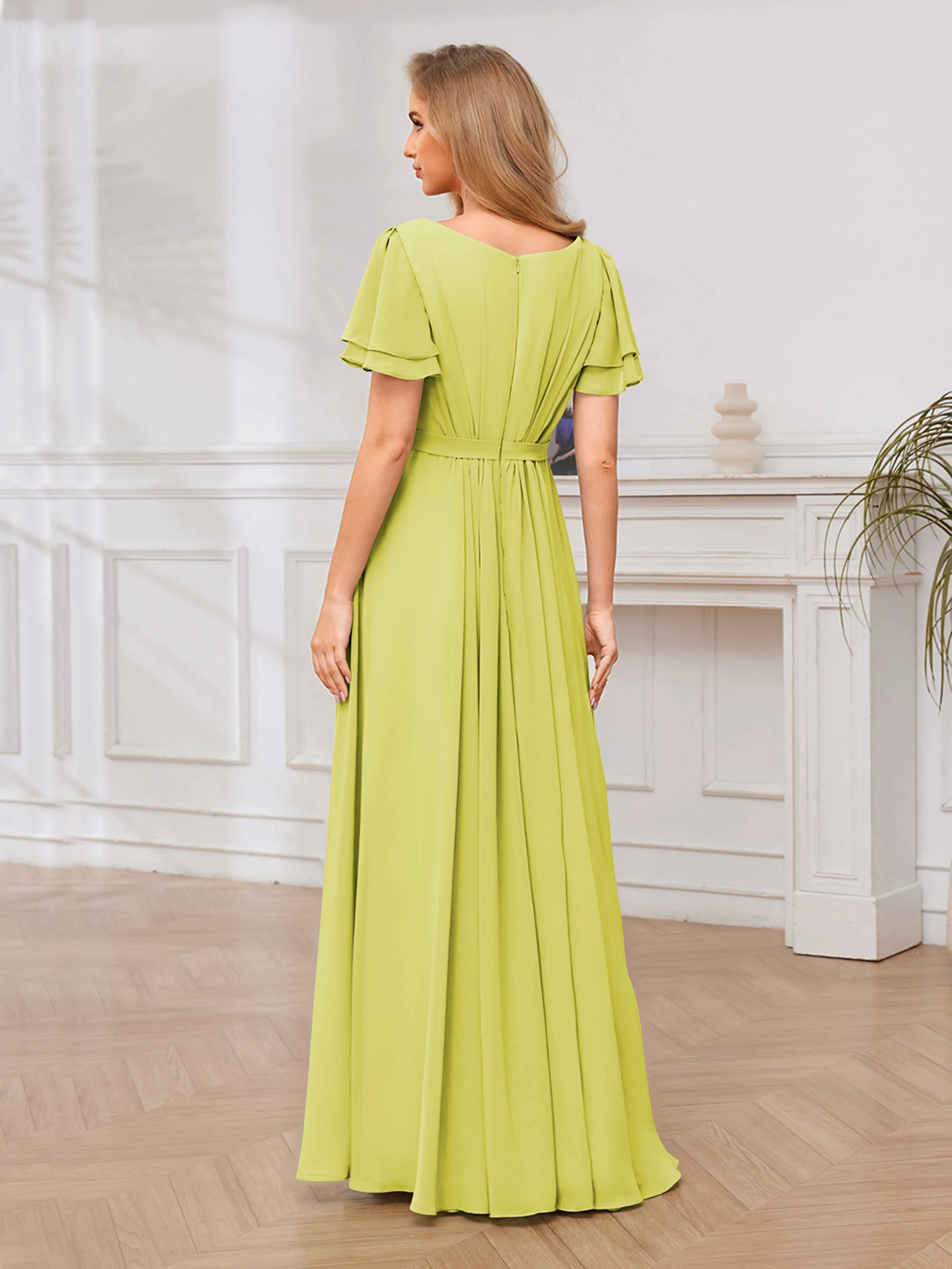 Briana Modest Scoop Short Sleeves Long Chiffon Bridesmaid Dresses