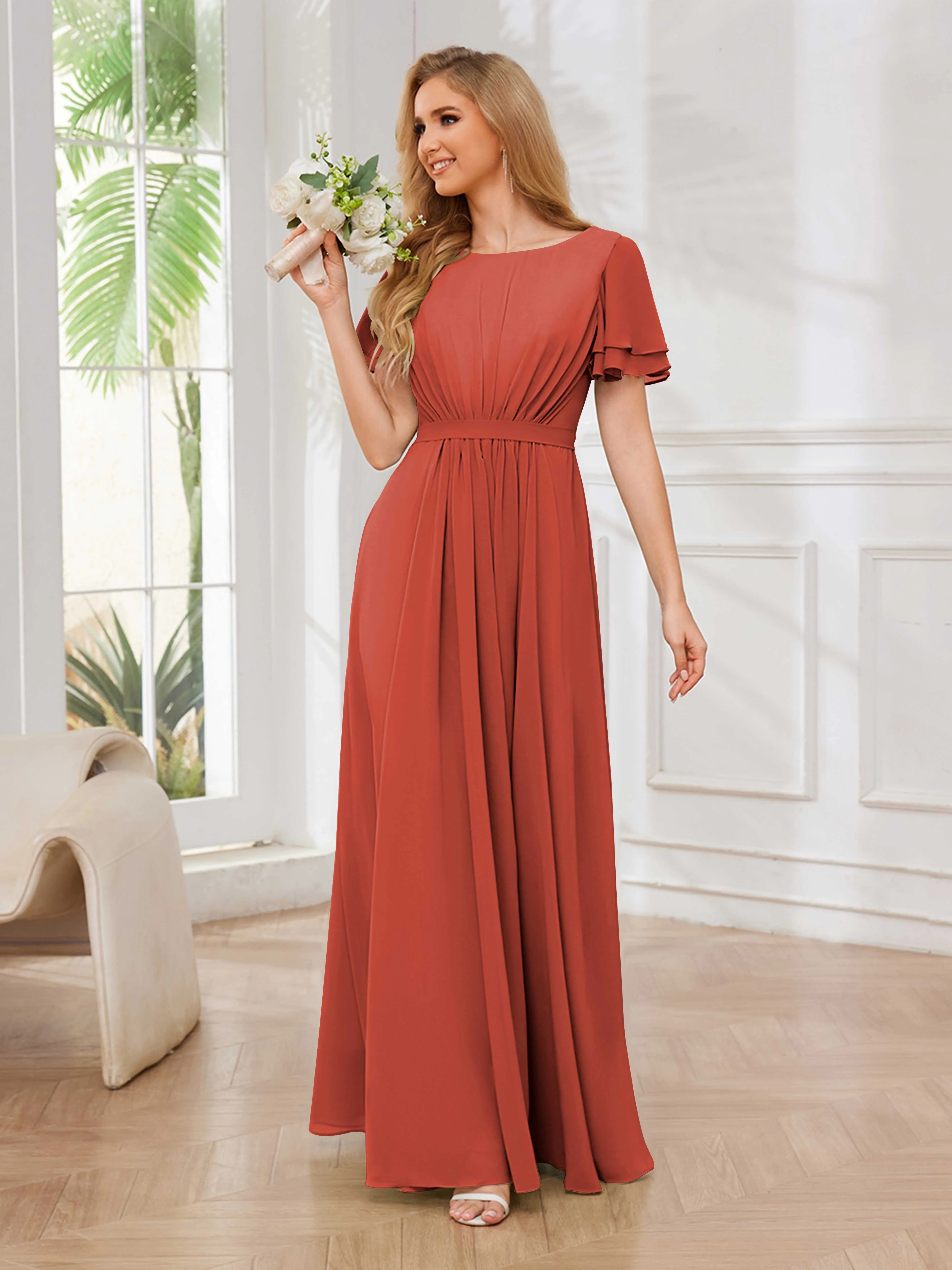 Briana Modest Scoop Short Sleeves Long Chiffon Bridesmaid Dresses