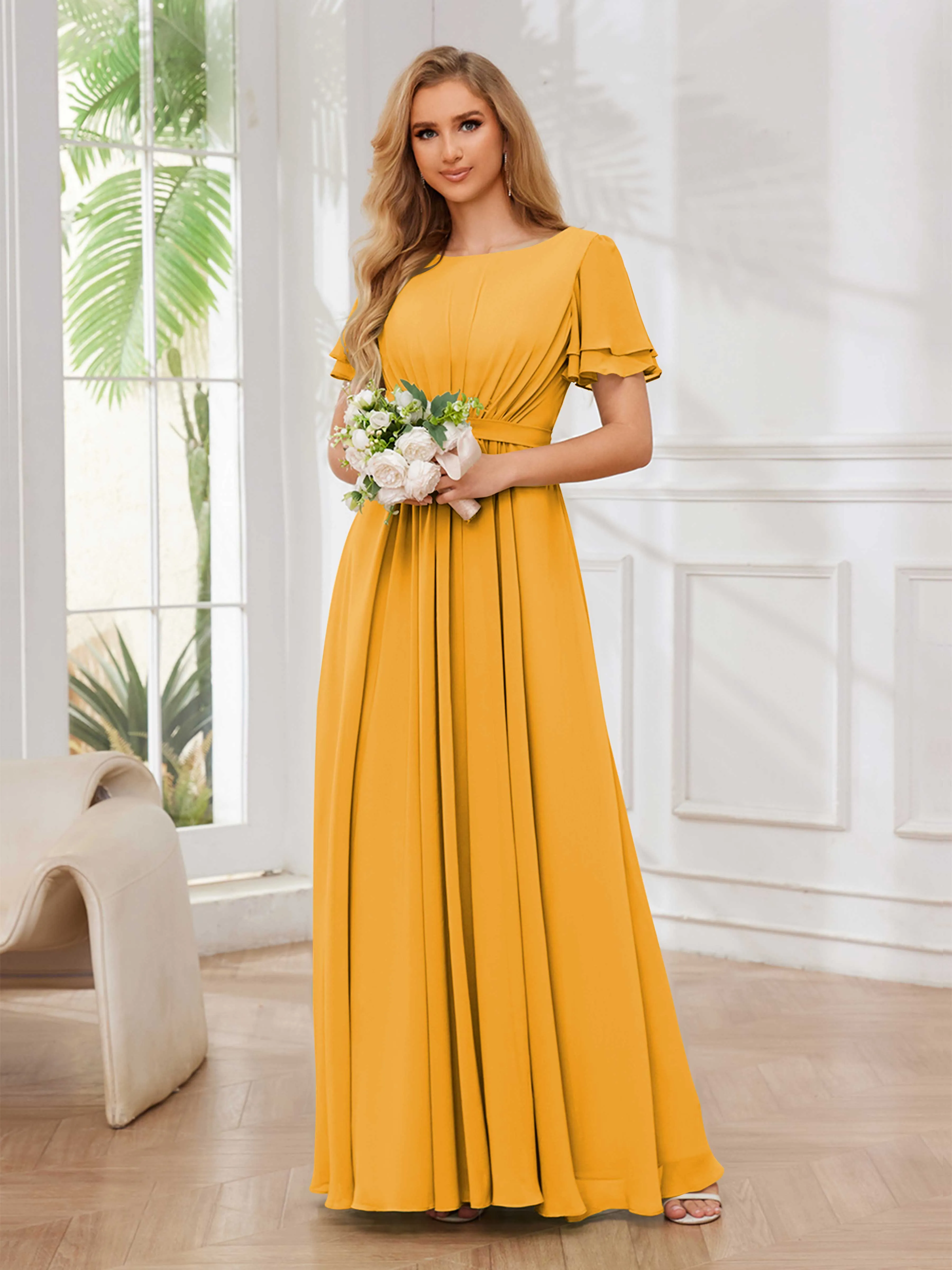 Briana Modest Scoop Short Sleeves Long Chiffon Bridesmaid Dresses