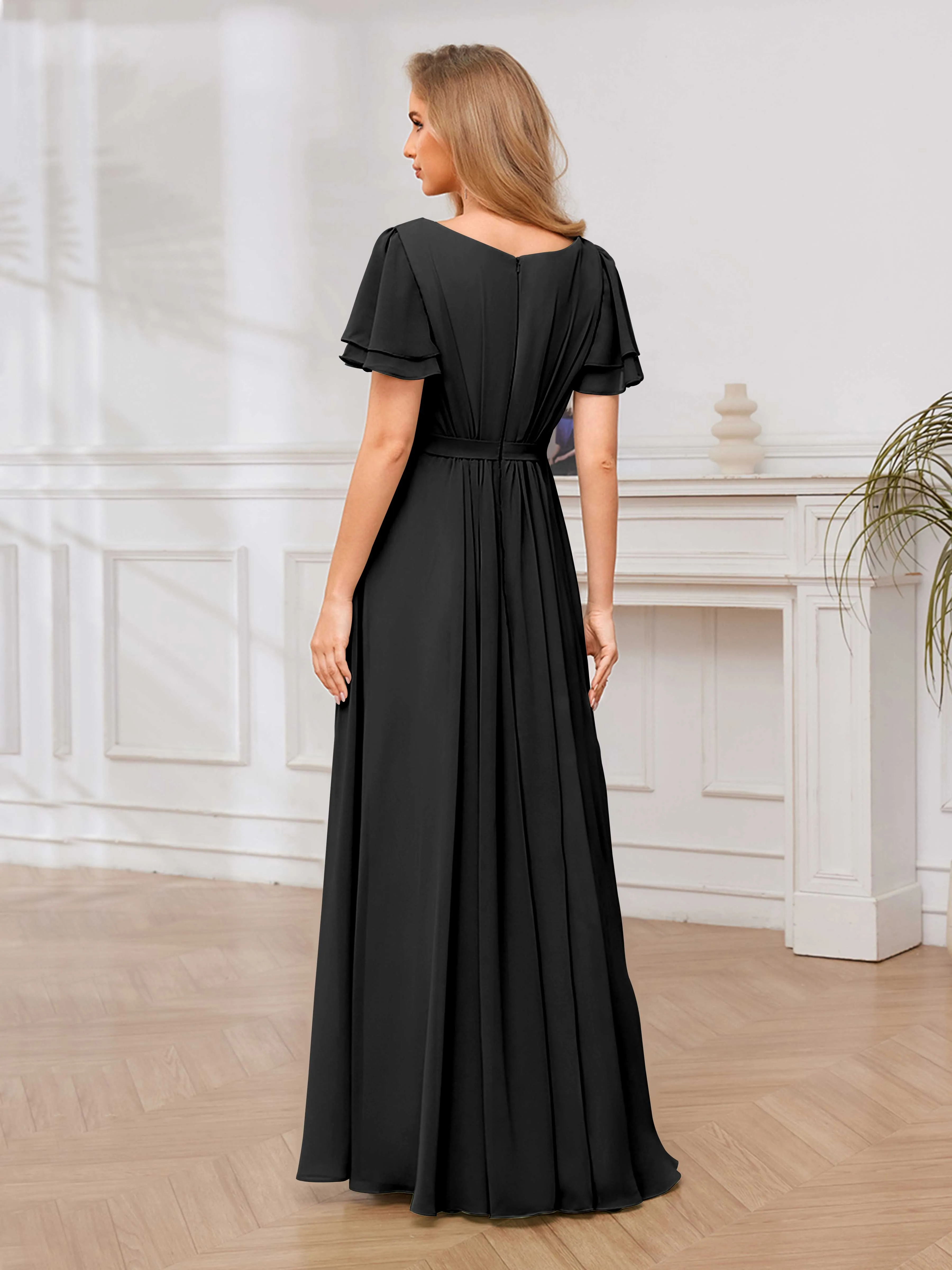 Briana Modest Scoop Short Sleeves Long Chiffon Bridesmaid Dresses