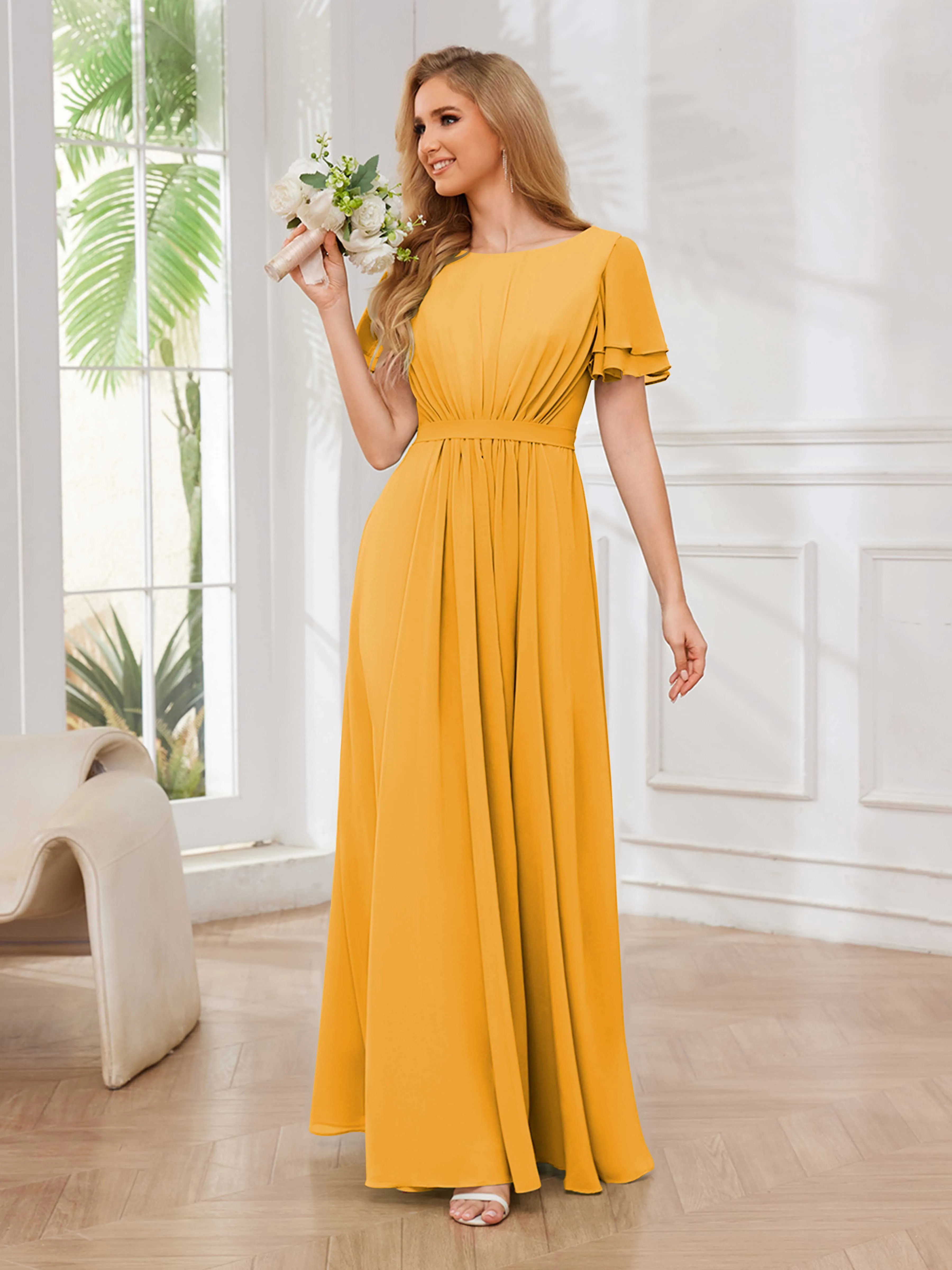 Briana Modest Scoop Short Sleeves Long Chiffon Bridesmaid Dresses