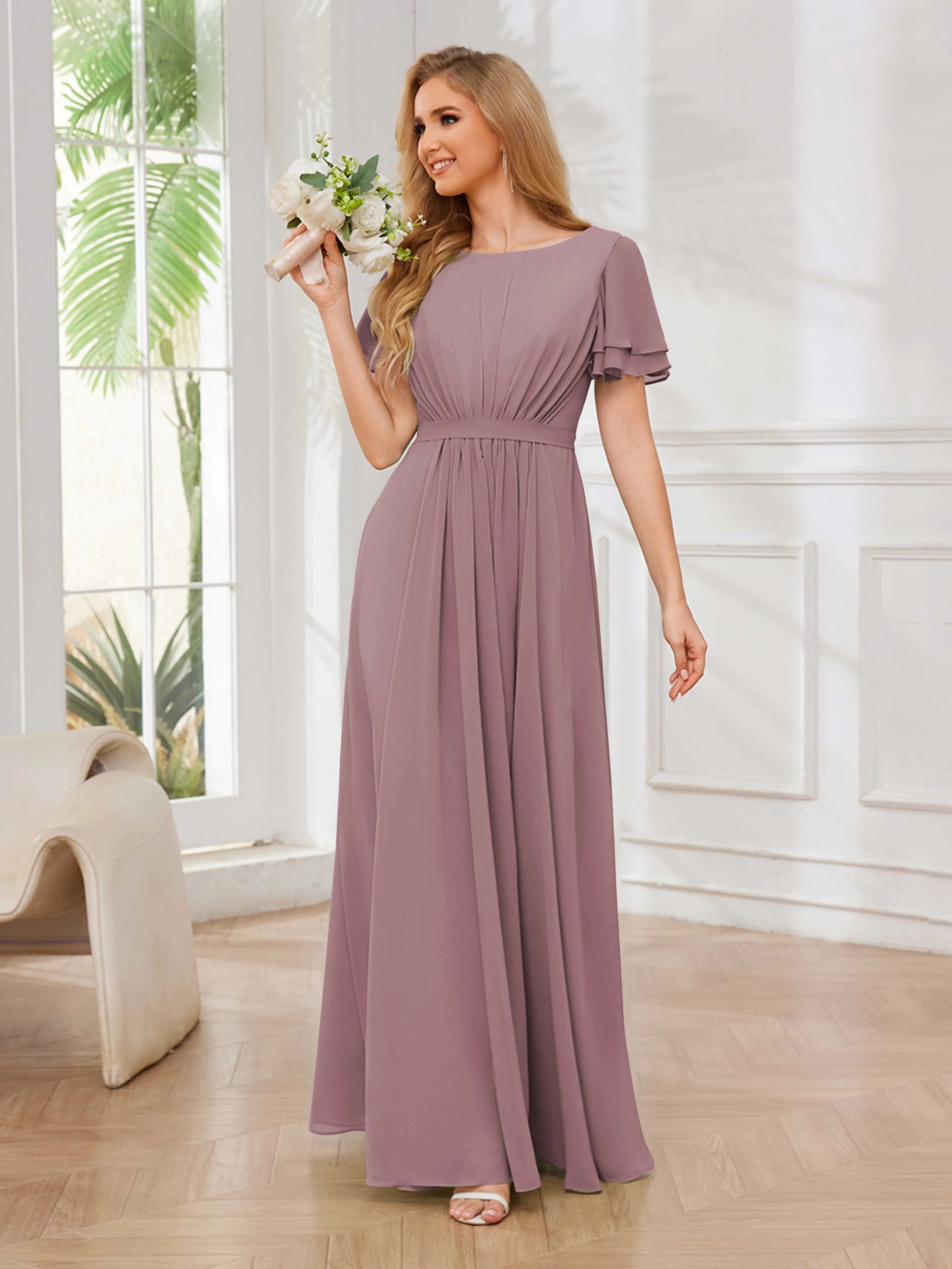 Briana Modest Scoop Short Sleeves Long Chiffon Bridesmaid Dresses