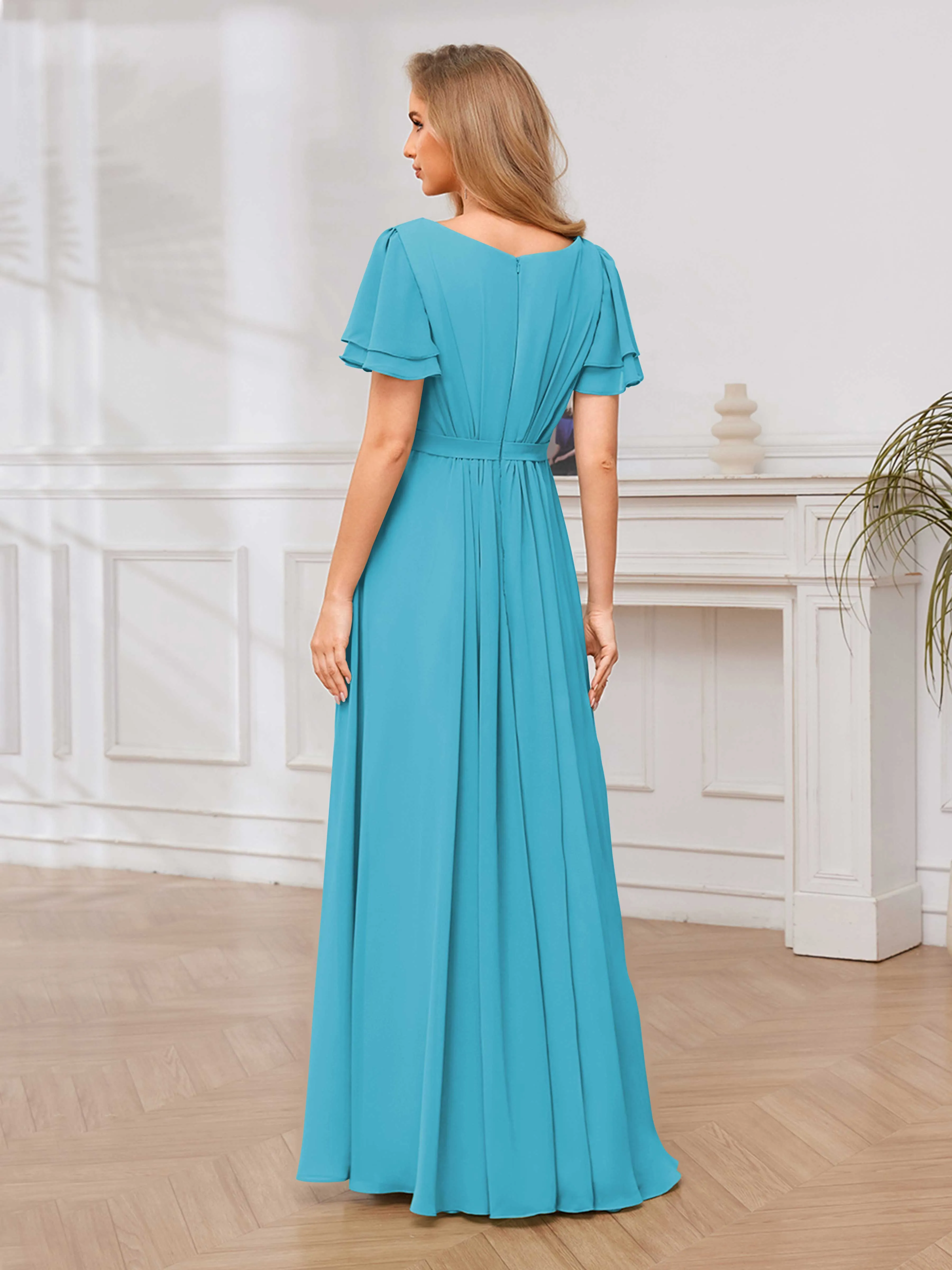 Briana Modest Scoop Short Sleeves Long Chiffon Bridesmaid Dresses