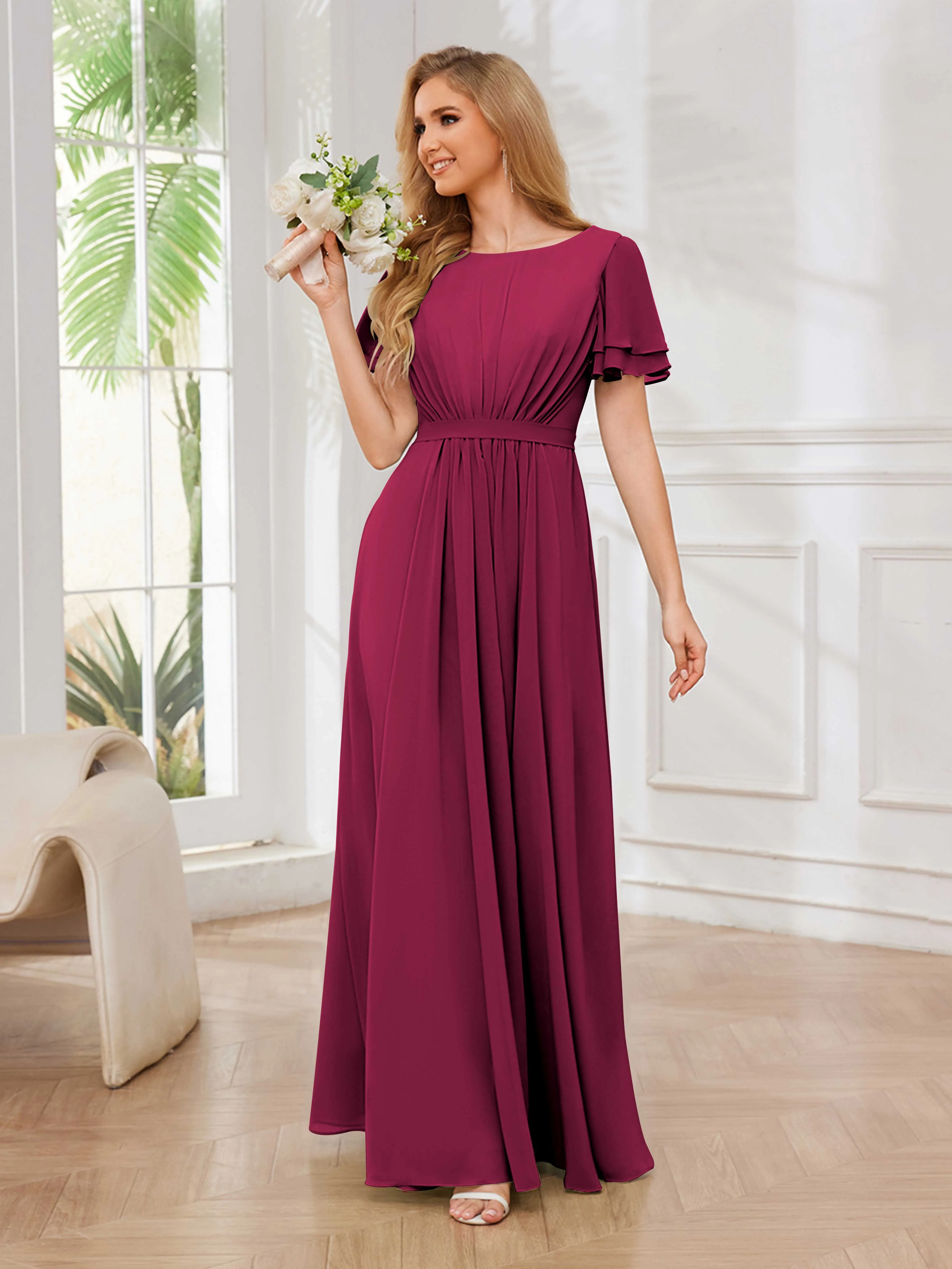 Briana Modest Scoop Short Sleeves Long Chiffon Bridesmaid Dresses