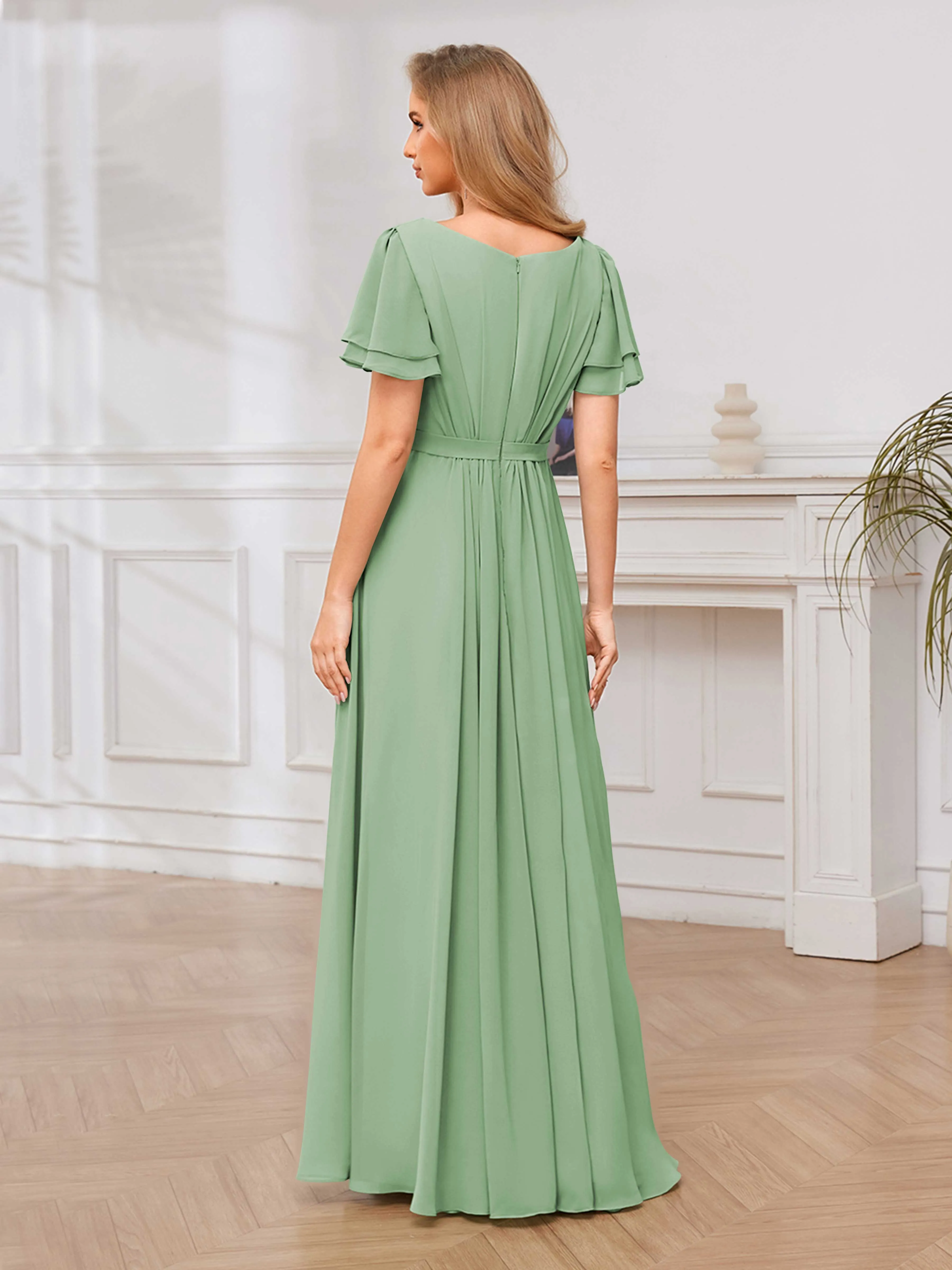 Briana Modest Scoop Short Sleeves Long Chiffon Bridesmaid Dresses