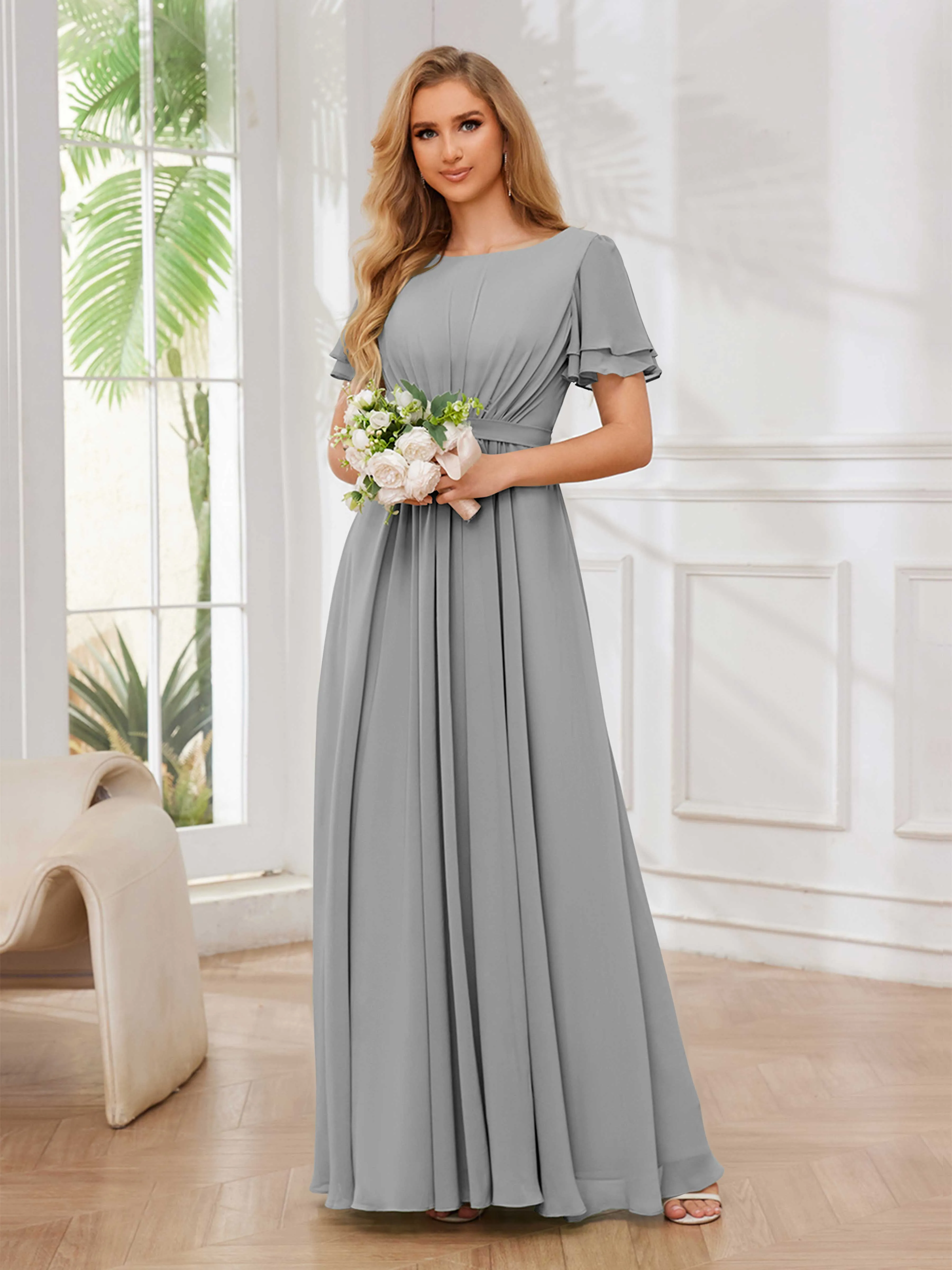 Briana Modest Scoop Short Sleeves Long Chiffon Bridesmaid Dresses