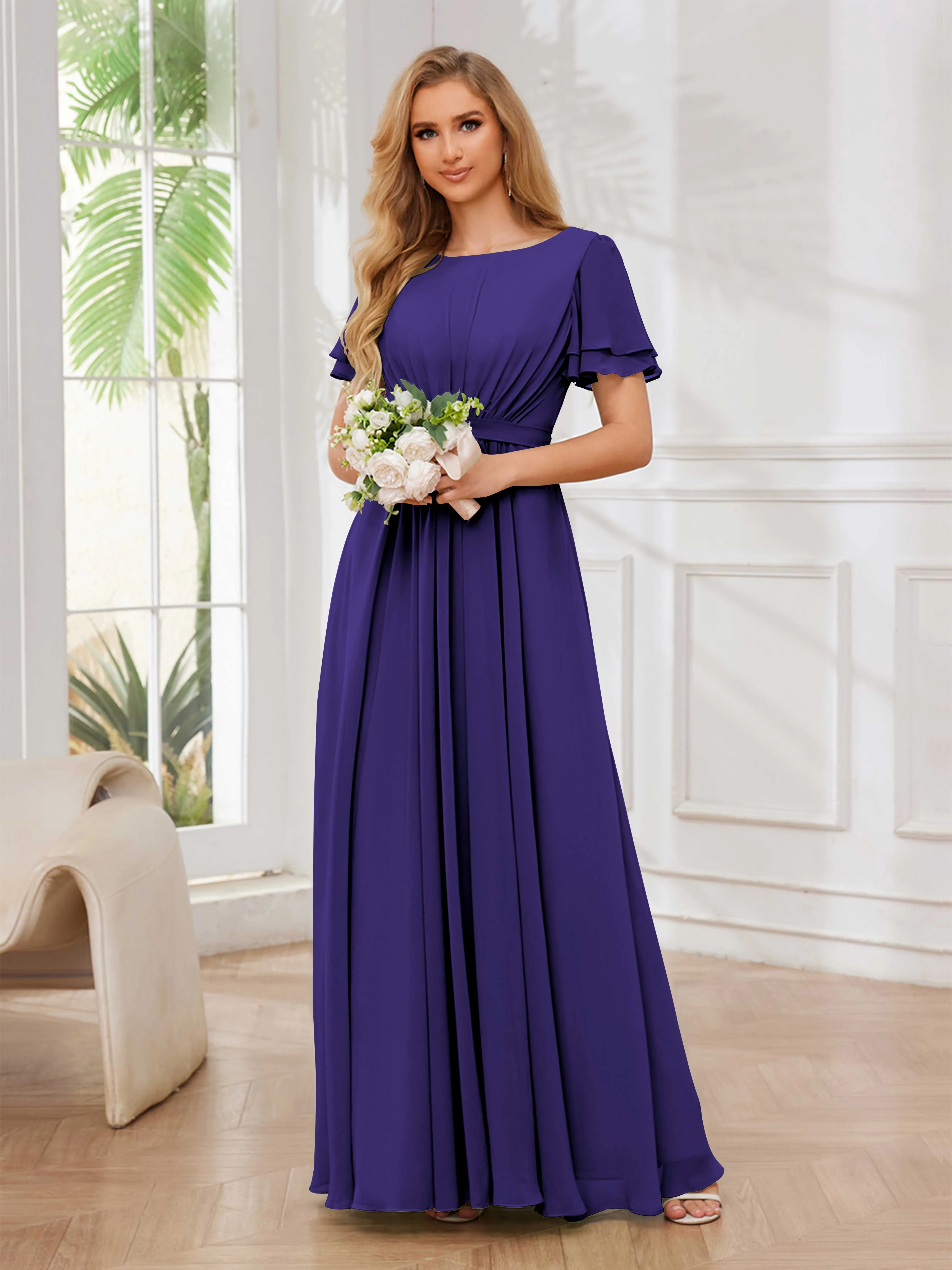 Briana Modest Scoop Short Sleeves Long Chiffon Bridesmaid Dresses