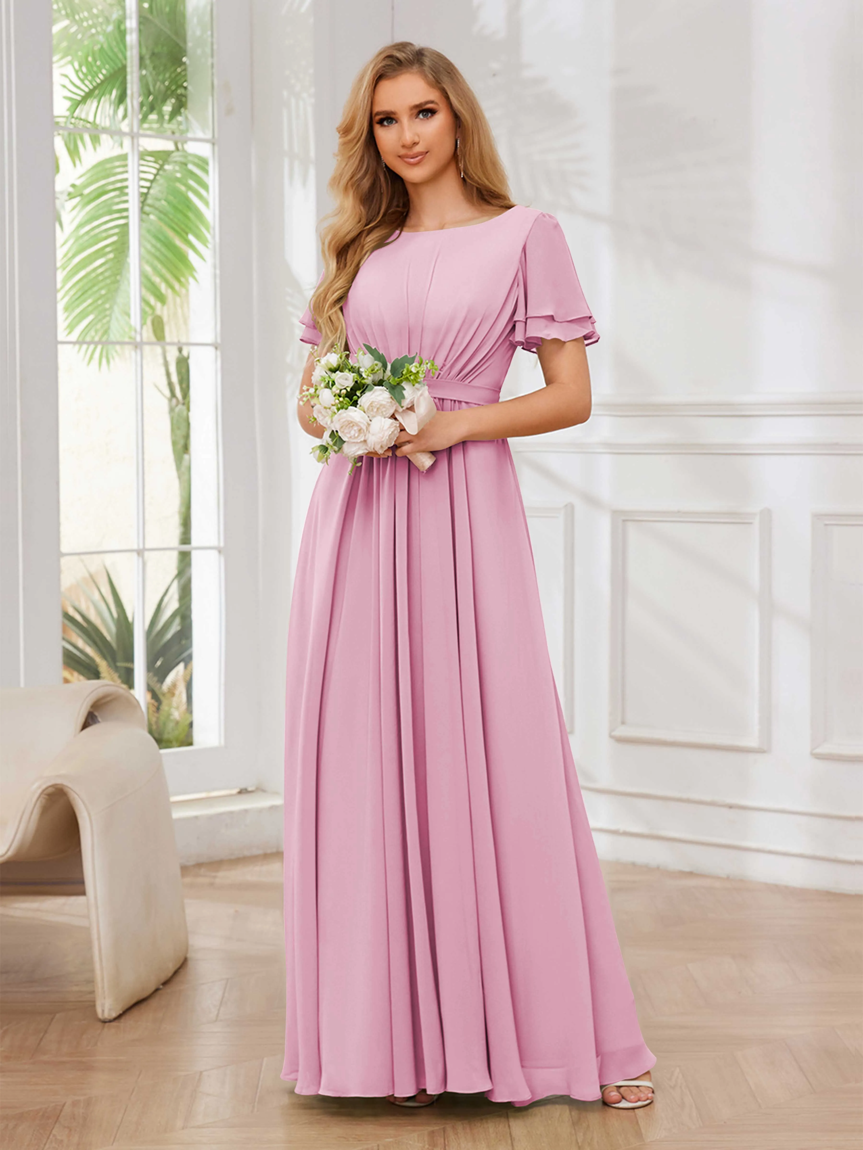 Briana Modest Scoop Short Sleeves Long Chiffon Bridesmaid Dresses