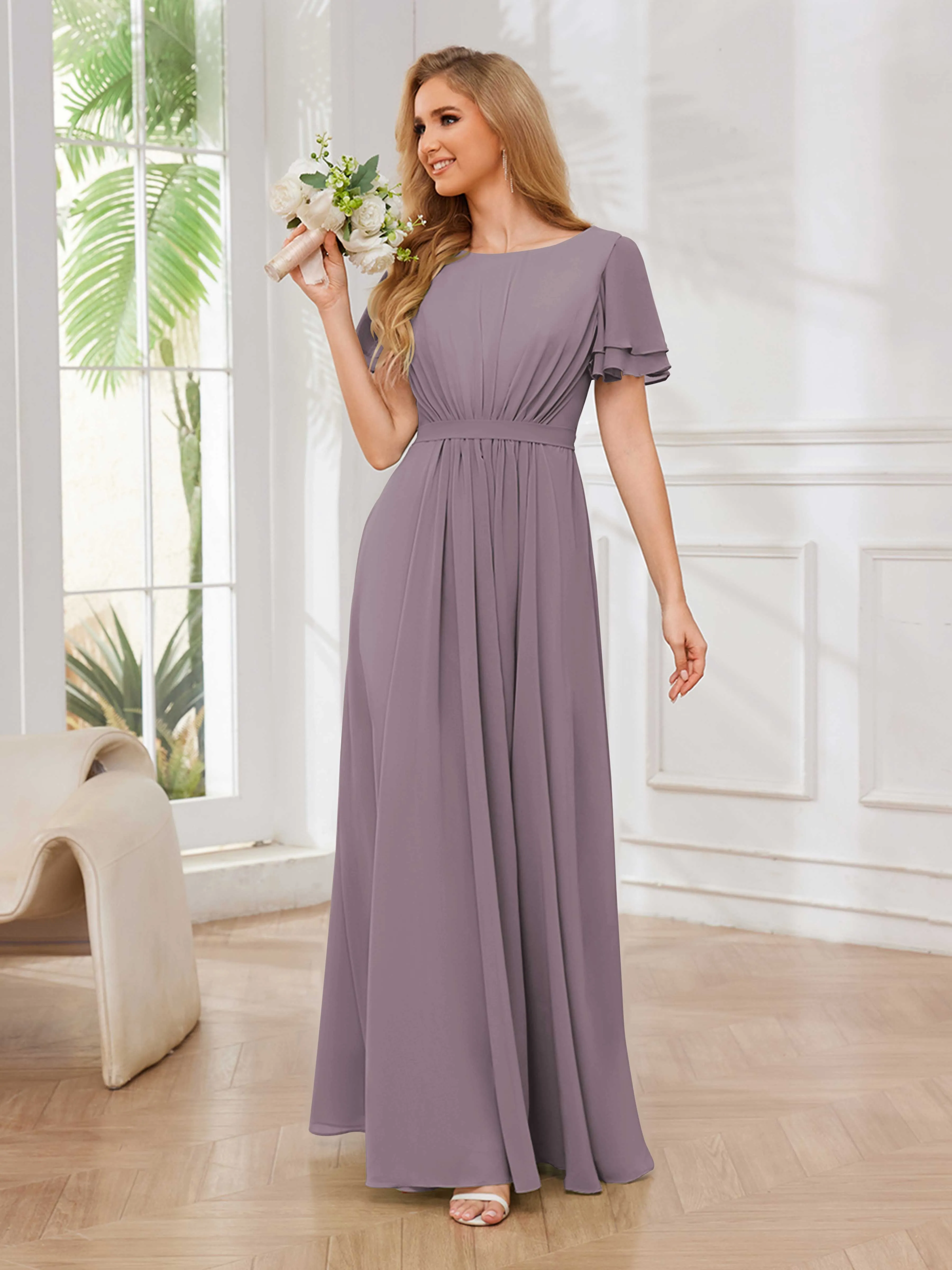 Briana Modest Scoop Short Sleeves Long Chiffon Bridesmaid Dresses