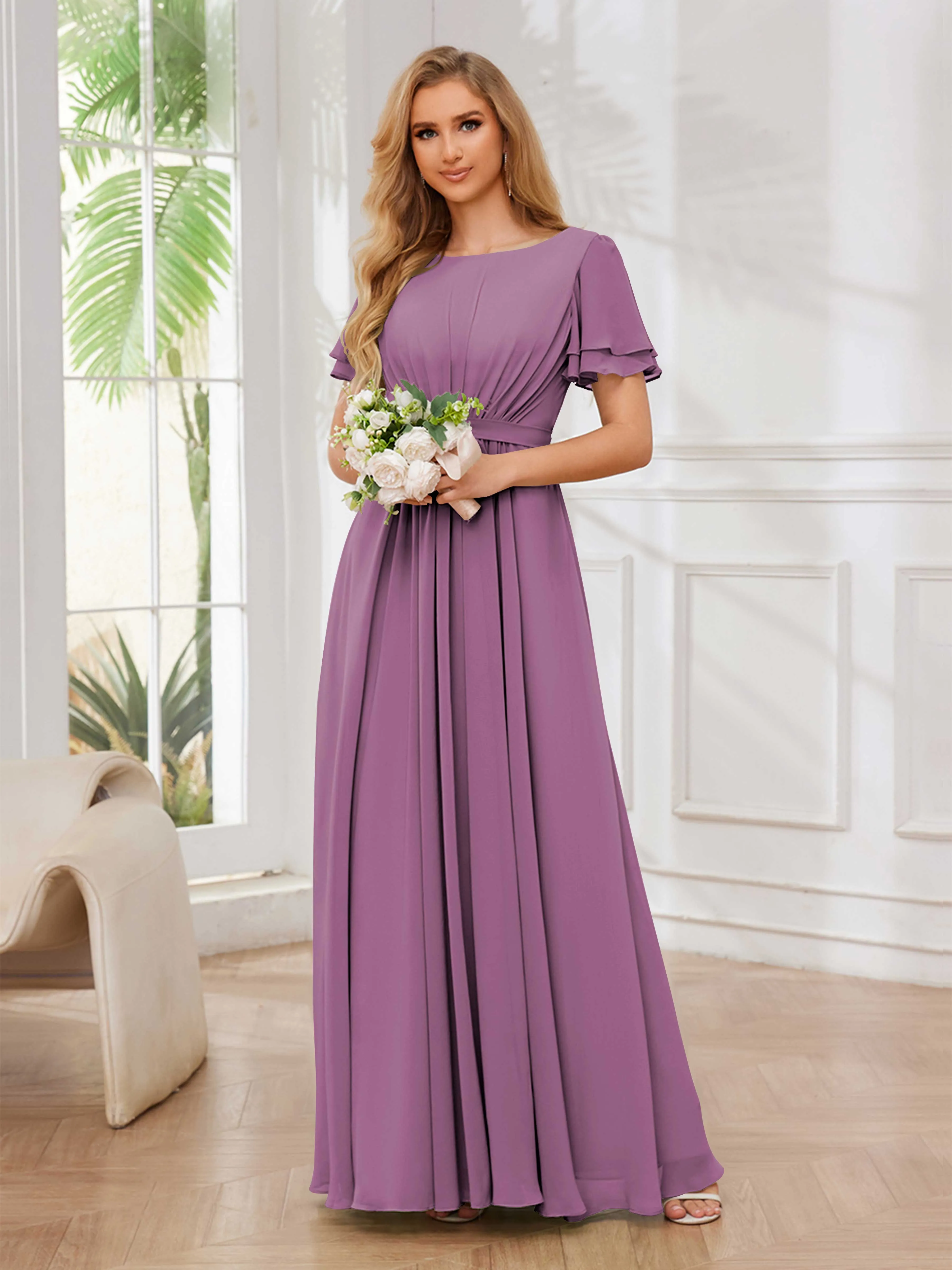 Briana Modest Scoop Short Sleeves Long Chiffon Bridesmaid Dresses