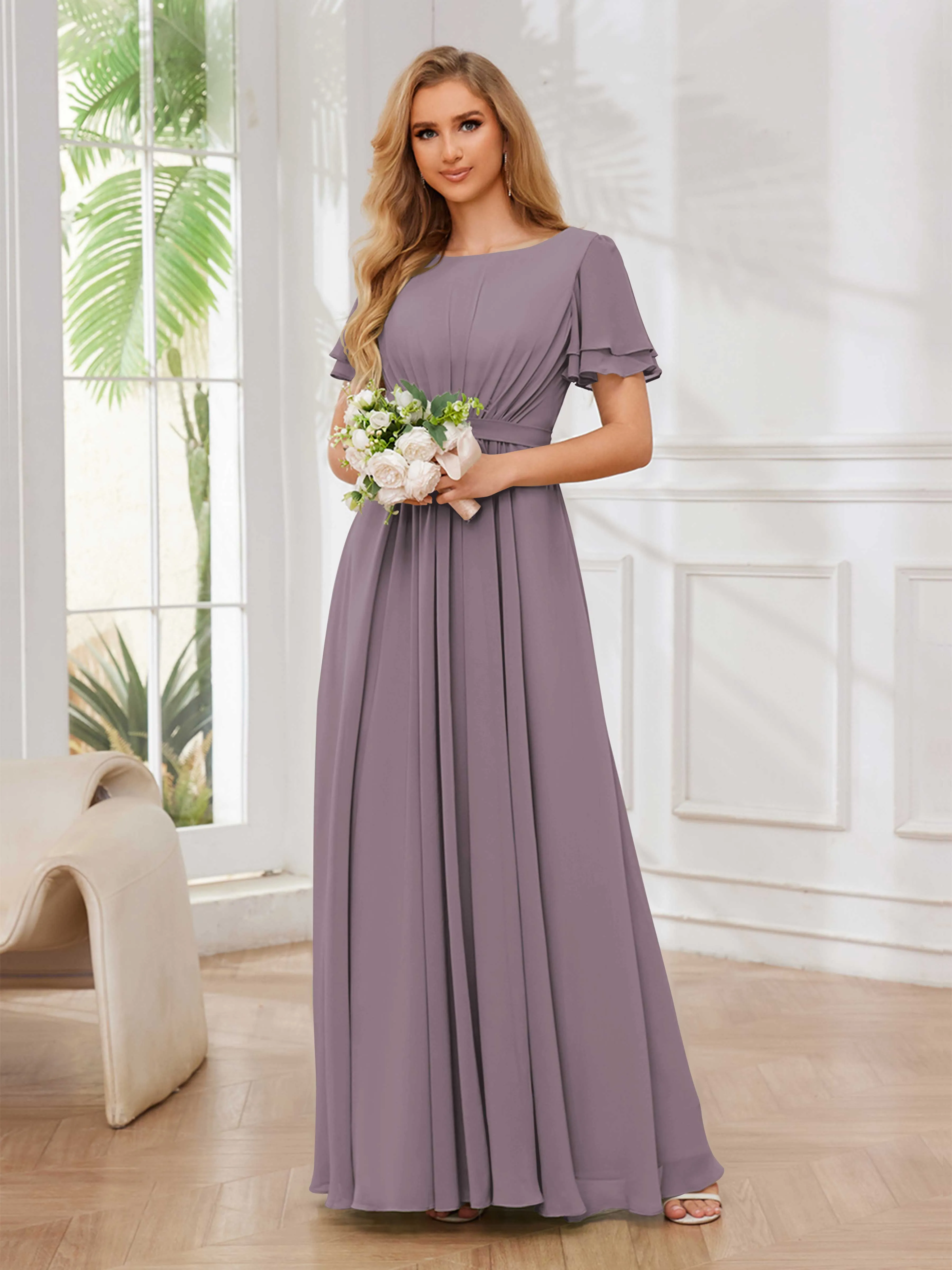 Briana Modest Scoop Short Sleeves Long Chiffon Bridesmaid Dresses