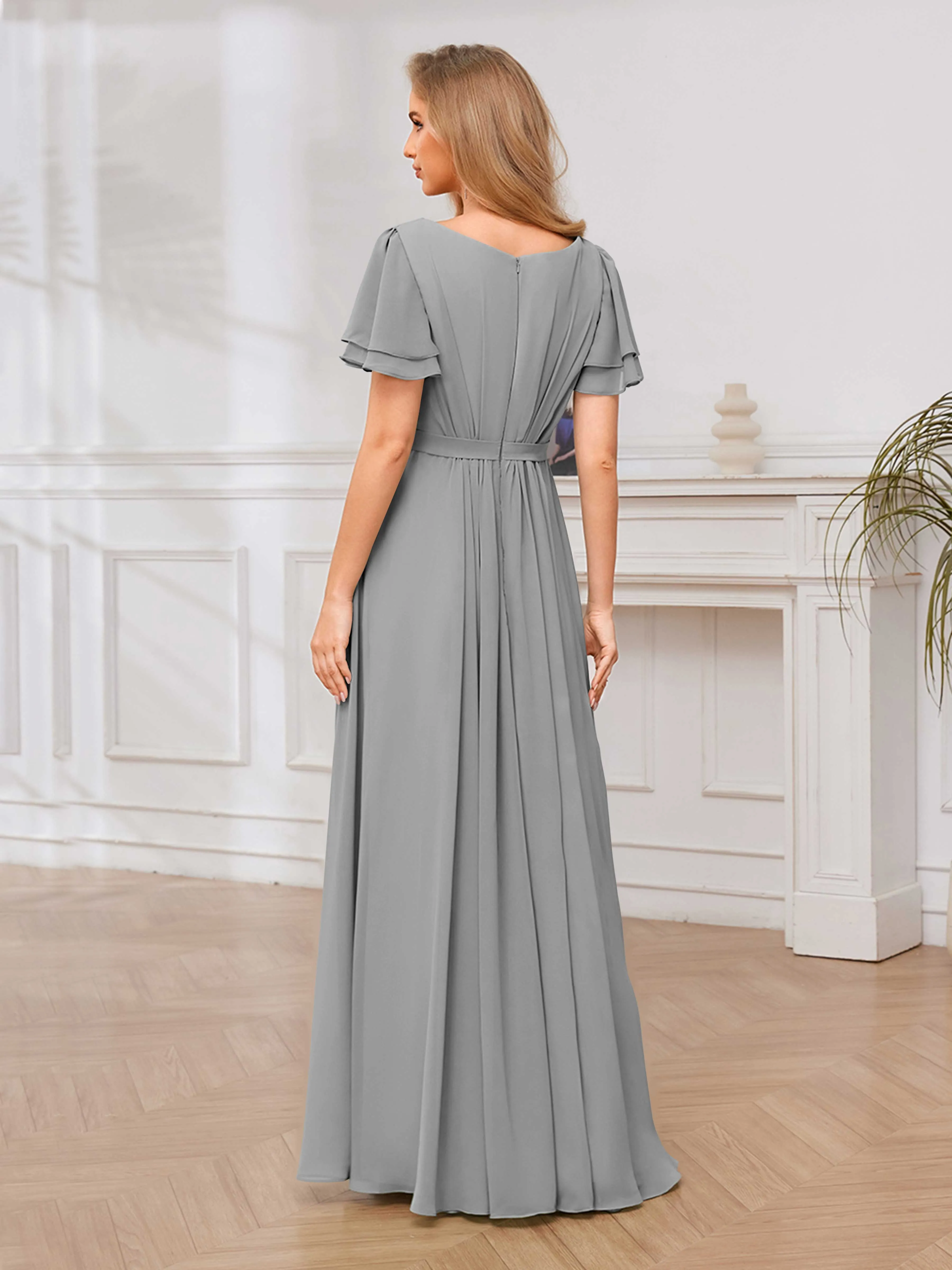 Briana Modest Scoop Short Sleeves Long Chiffon Bridesmaid Dresses