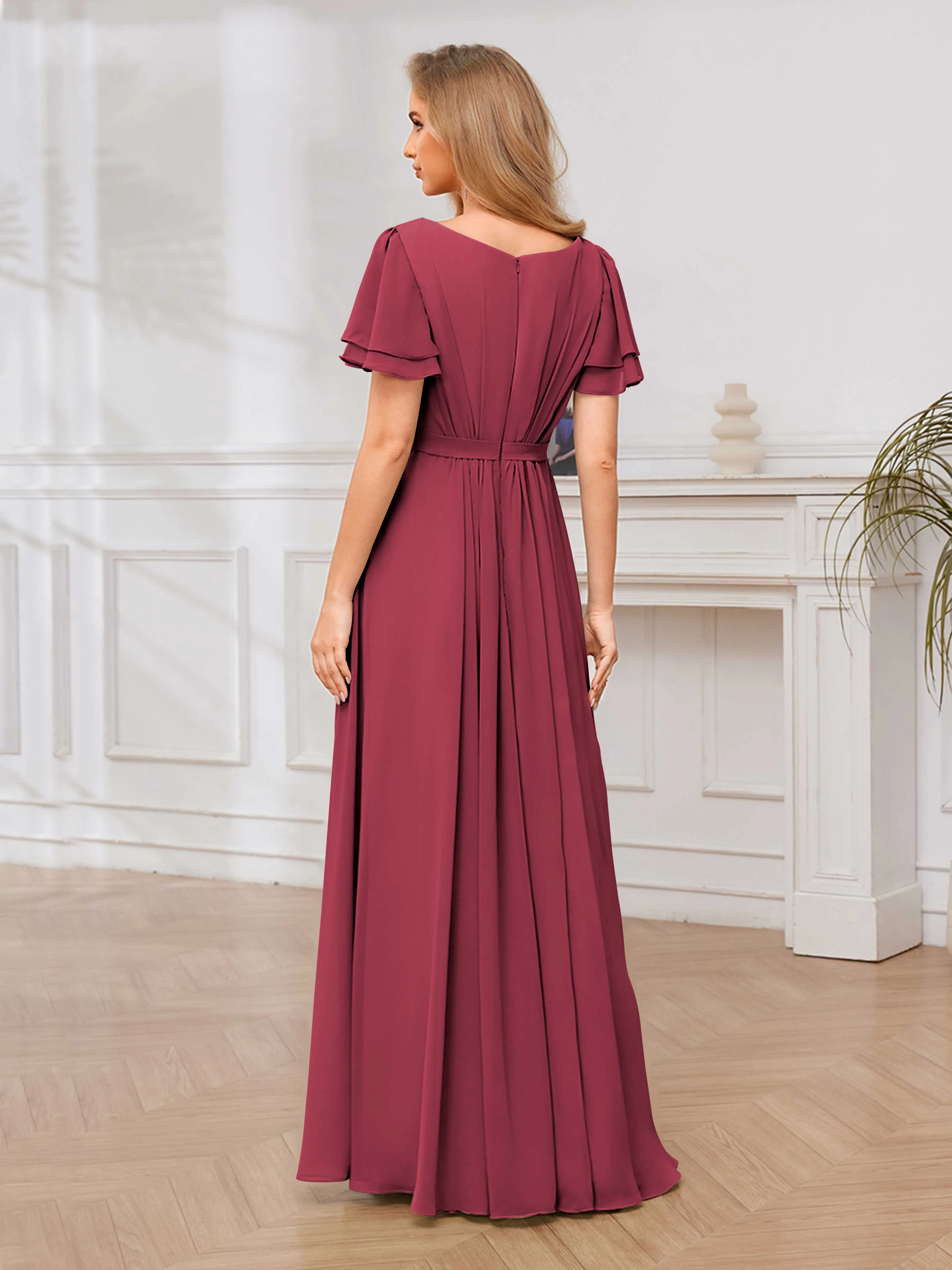 Briana Modest Scoop Short Sleeves Long Chiffon Bridesmaid Dresses