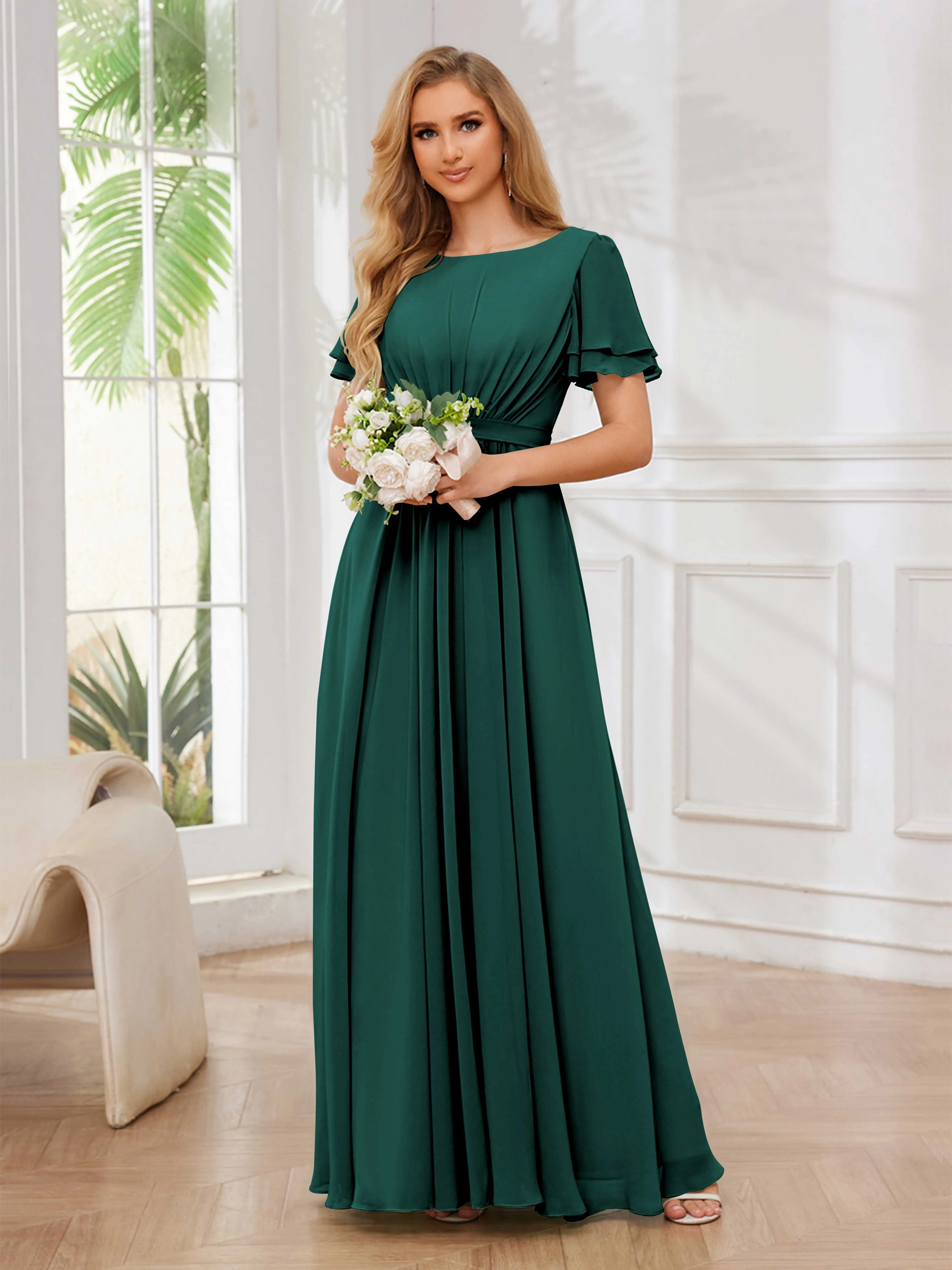 Briana Modest Scoop Short Sleeves Long Chiffon Bridesmaid Dresses