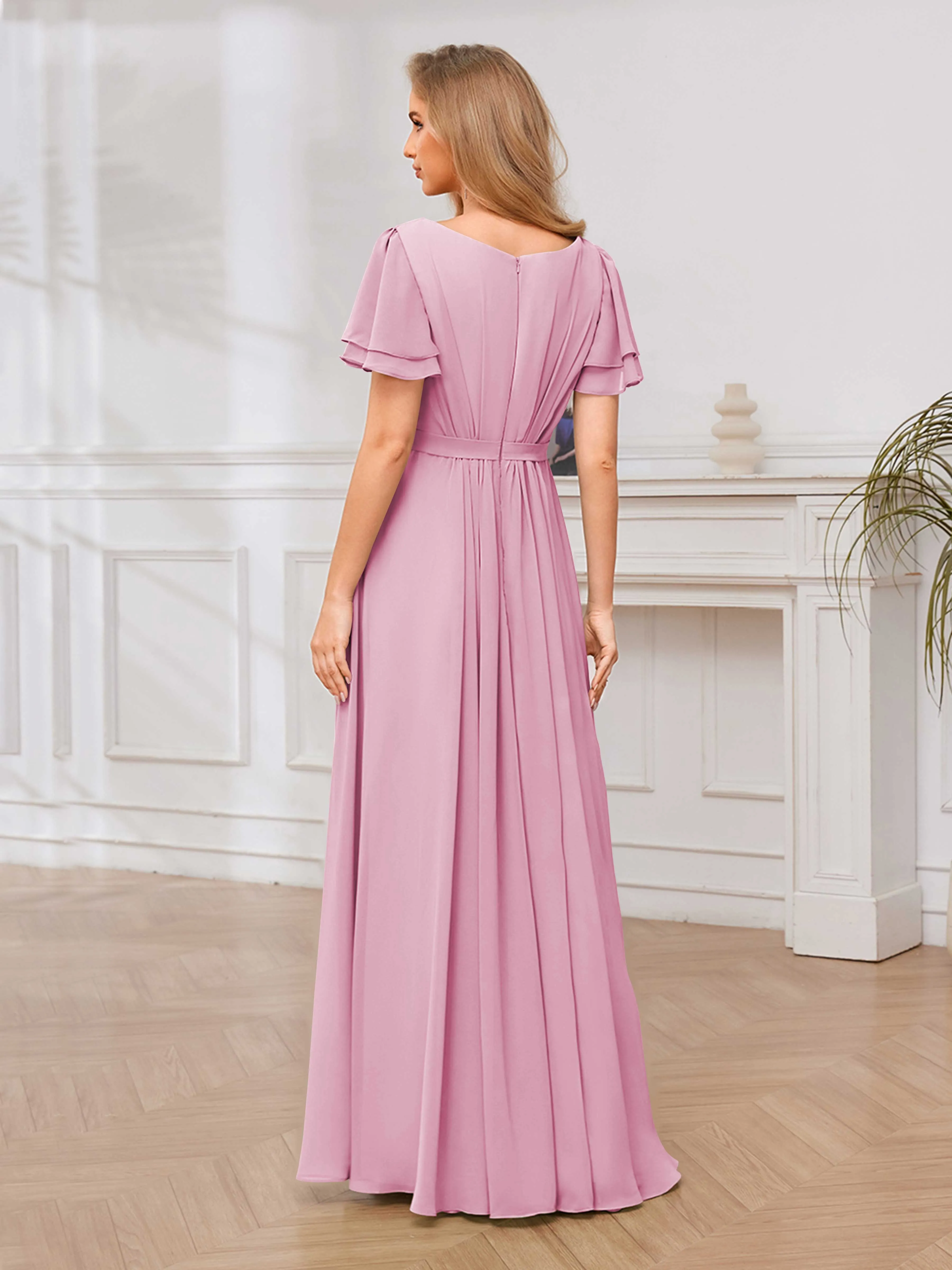 Briana Modest Scoop Short Sleeves Long Chiffon Bridesmaid Dresses