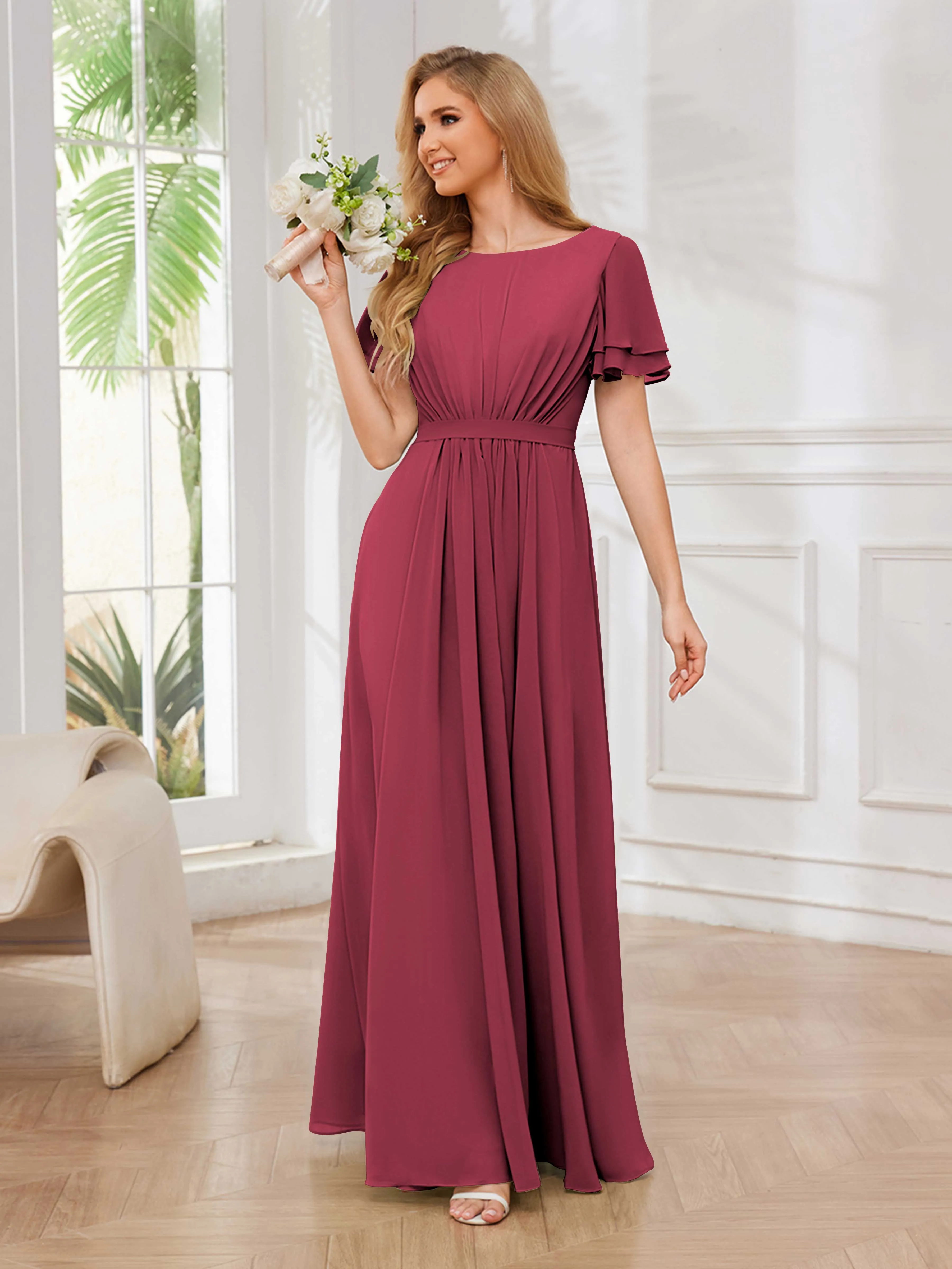 Briana Modest Scoop Short Sleeves Long Chiffon Bridesmaid Dresses