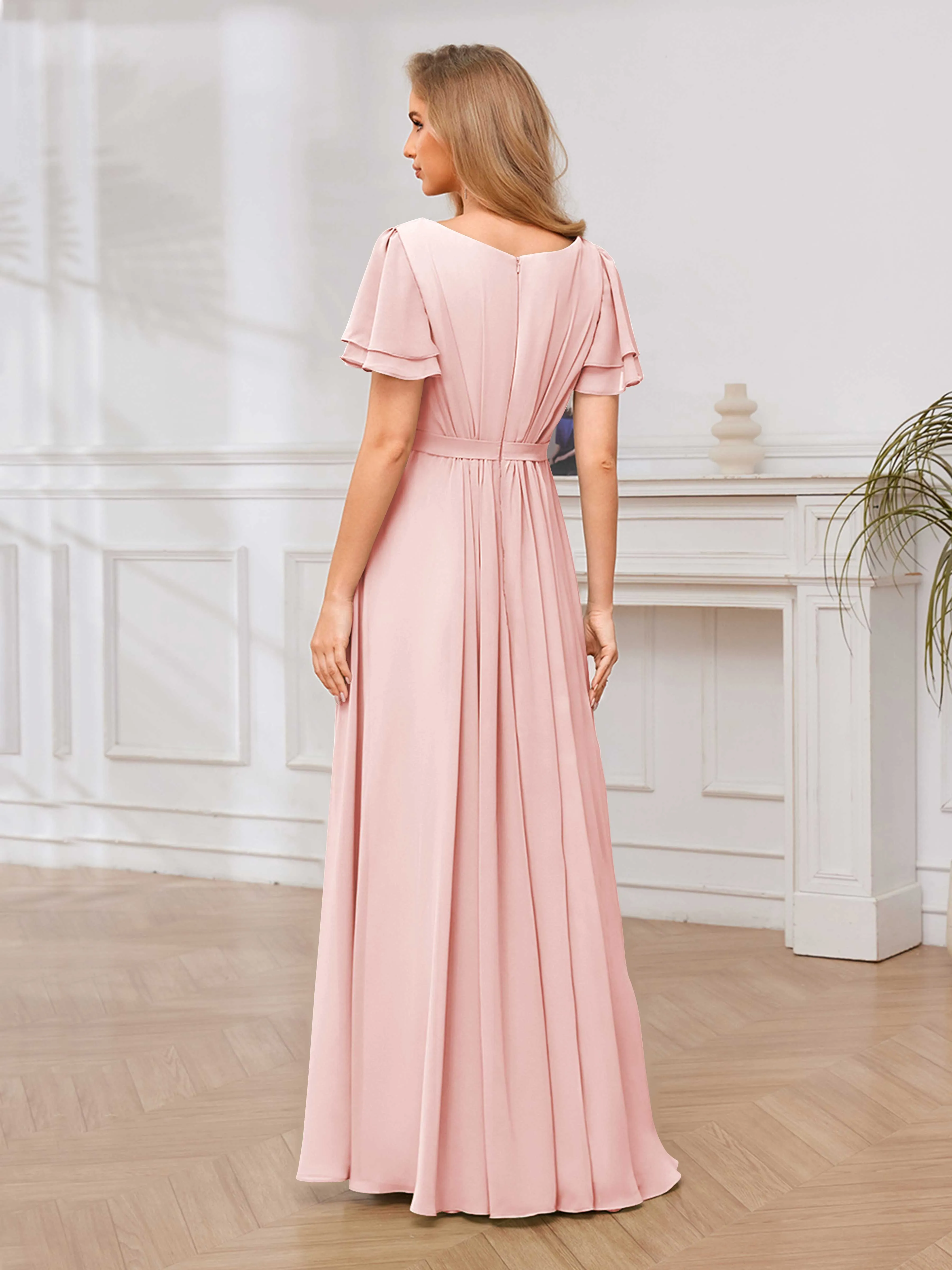 Briana Modest Scoop Short Sleeves Long Chiffon Bridesmaid Dresses