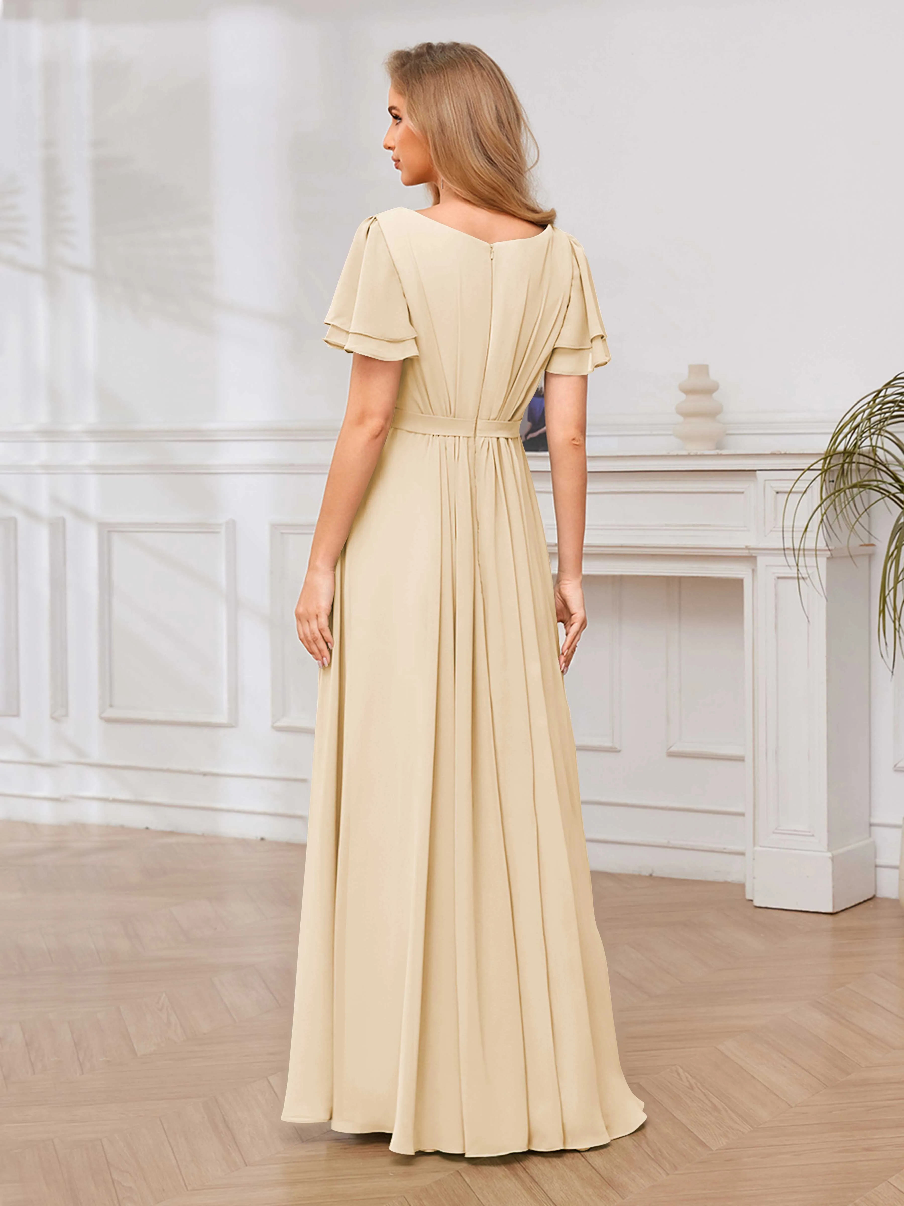 Briana Modest Scoop Short Sleeves Long Chiffon Bridesmaid Dresses