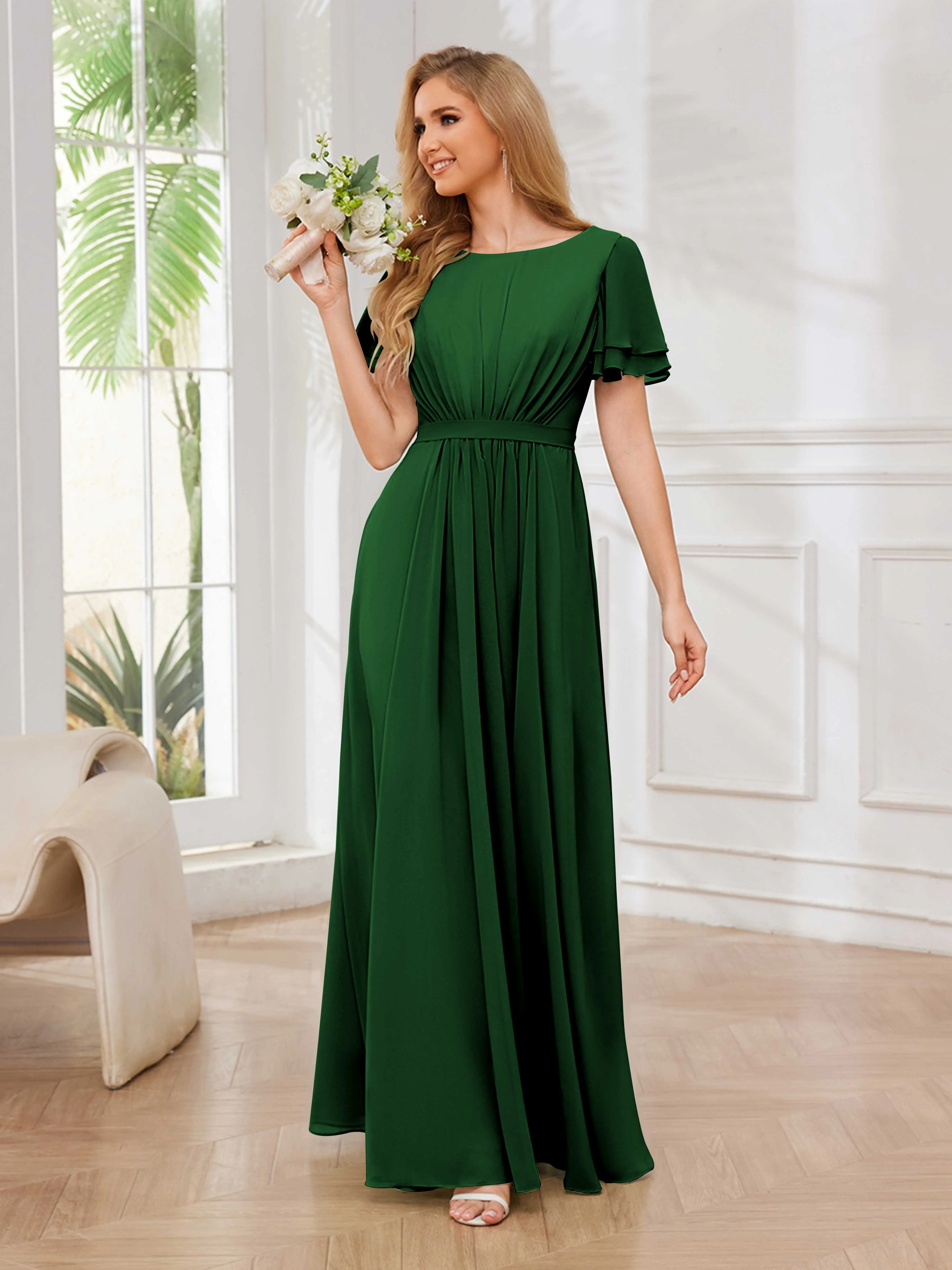 Briana Modest Scoop Short Sleeves Long Chiffon Bridesmaid Dresses