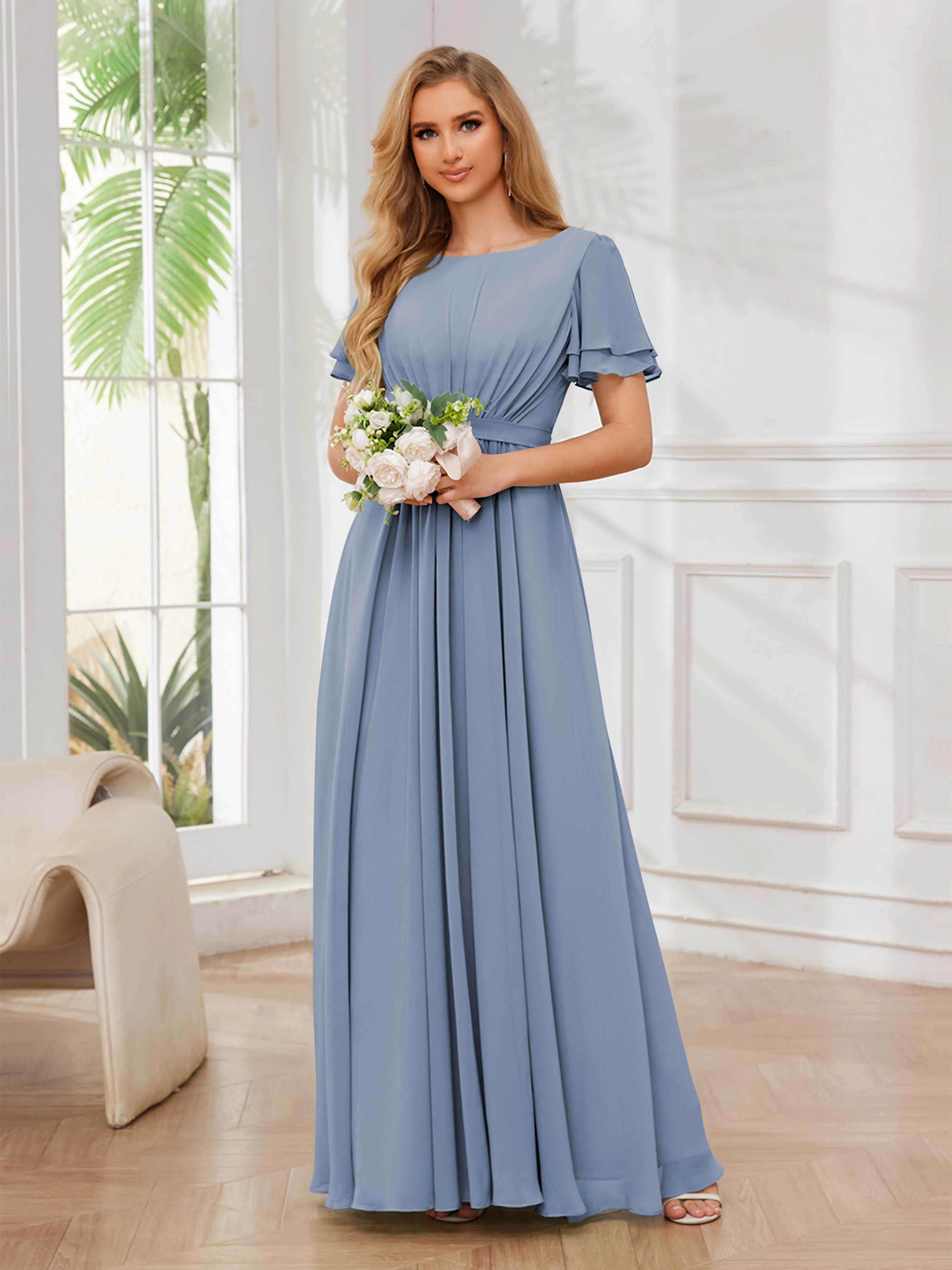 Briana Modest Scoop Short Sleeves Long Chiffon Bridesmaid Dresses