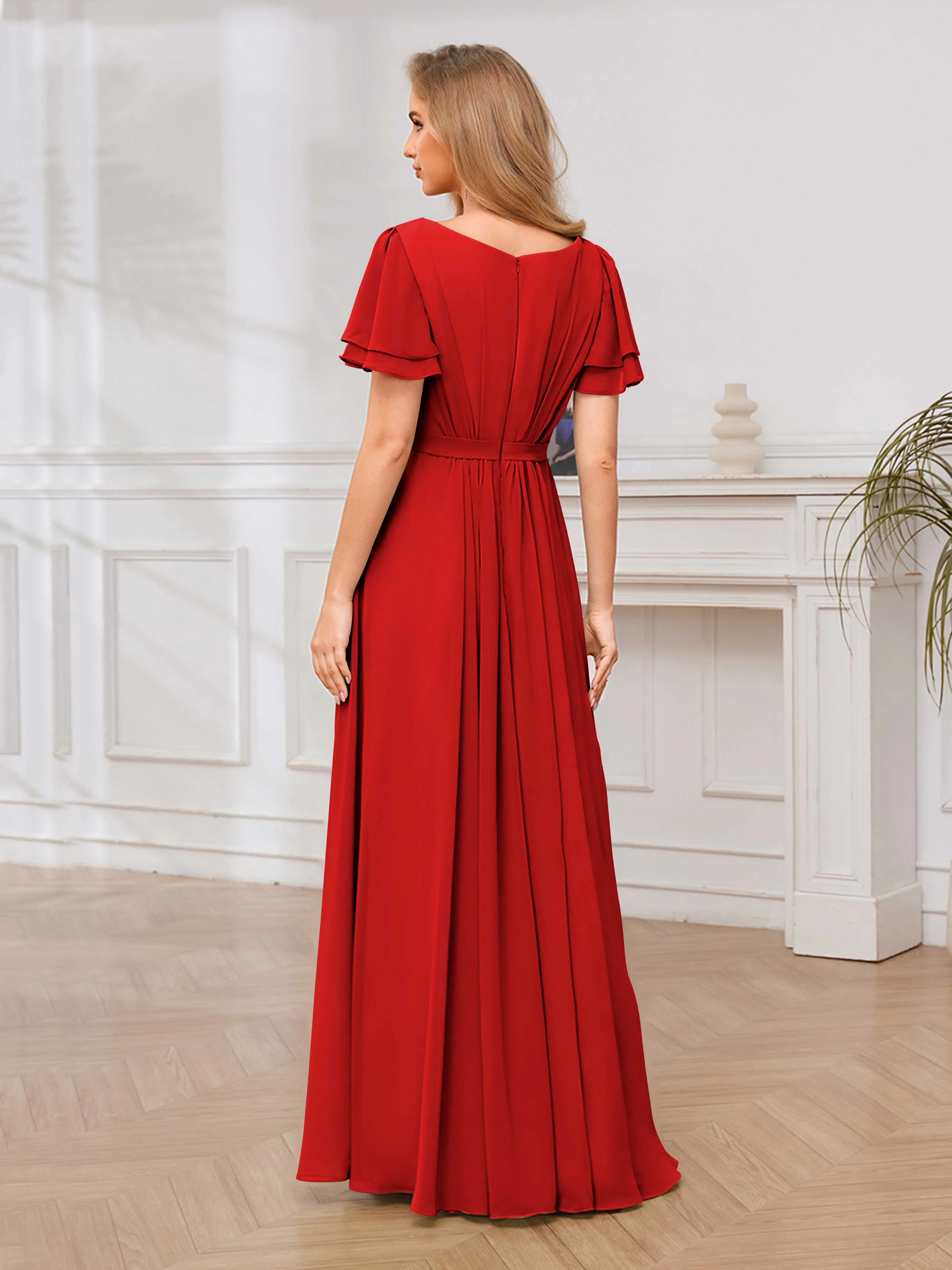 Briana Modest Scoop Short Sleeves Long Chiffon Bridesmaid Dresses