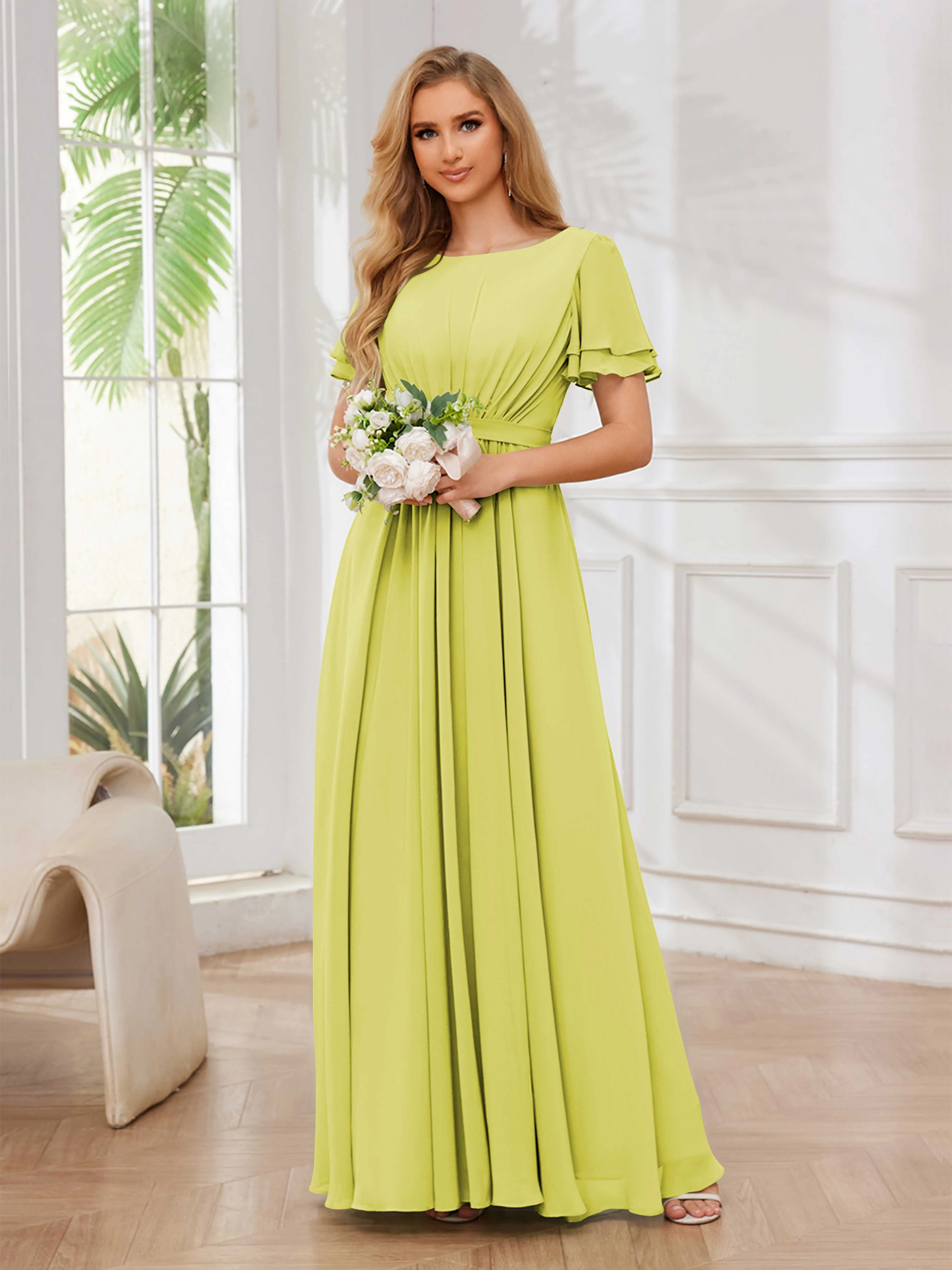 Briana Modest Scoop Short Sleeves Long Chiffon Bridesmaid Dresses