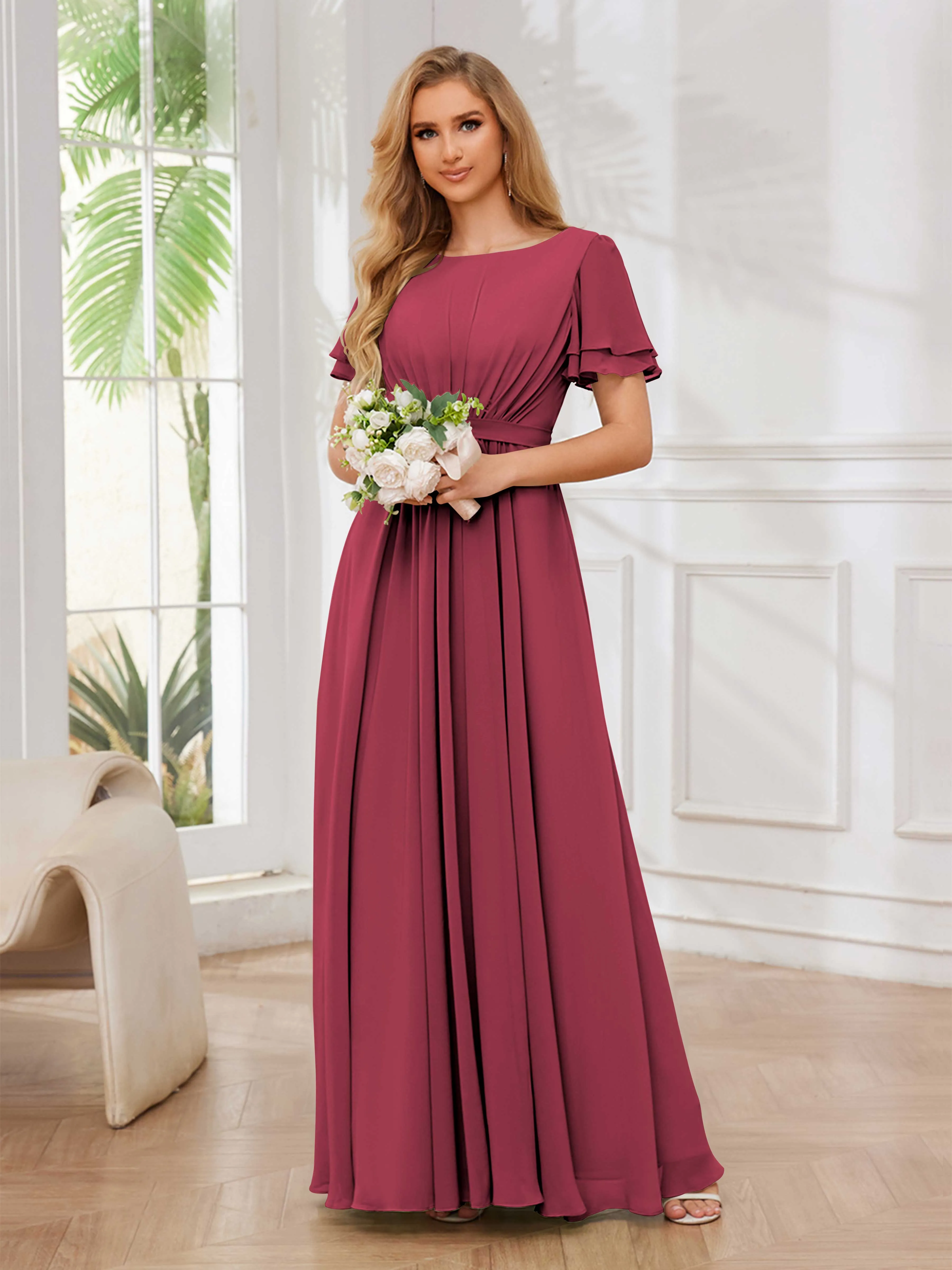 Briana Modest Scoop Short Sleeves Long Chiffon Bridesmaid Dresses