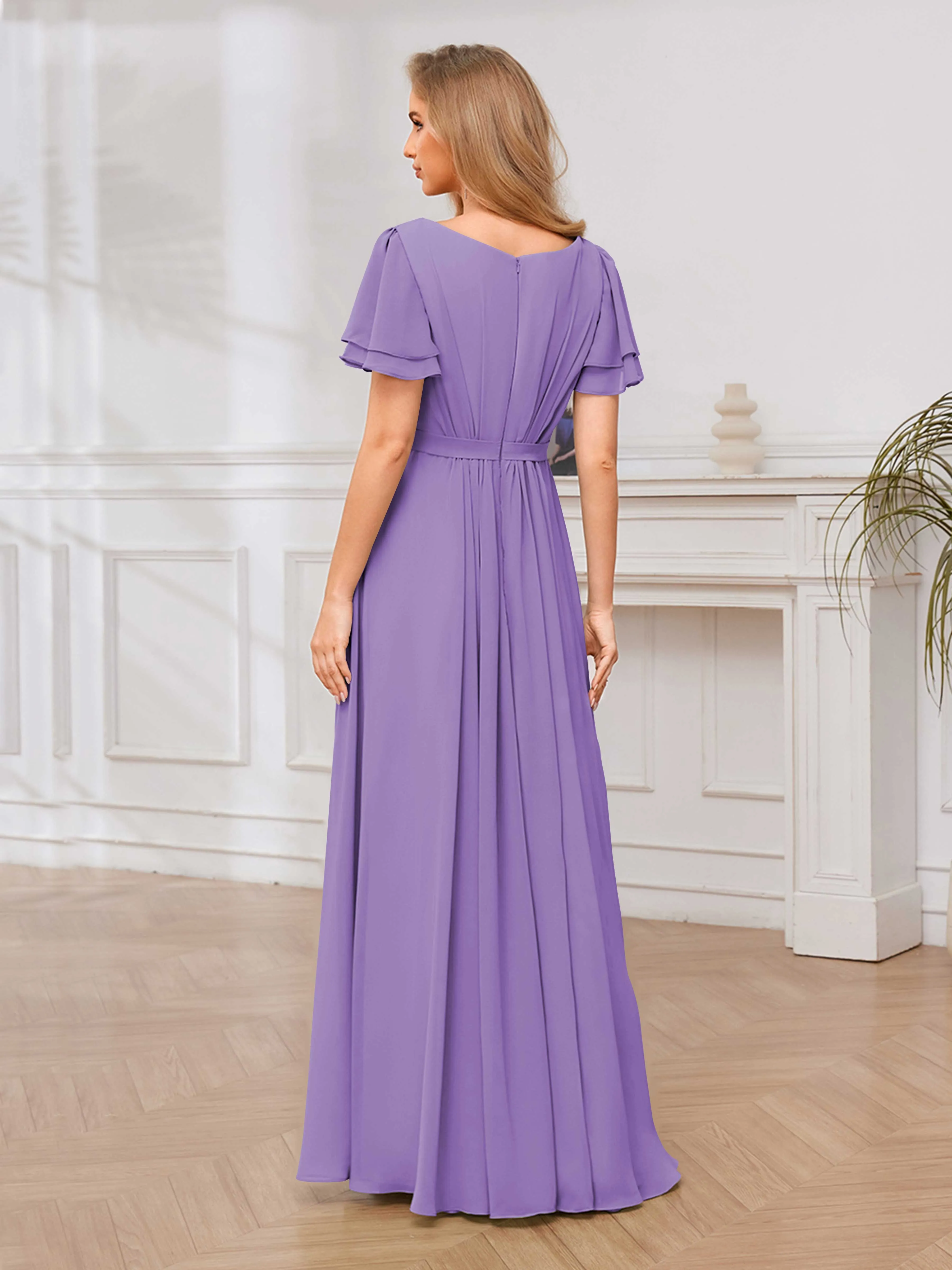 Briana Modest Scoop Short Sleeves Long Chiffon Bridesmaid Dresses