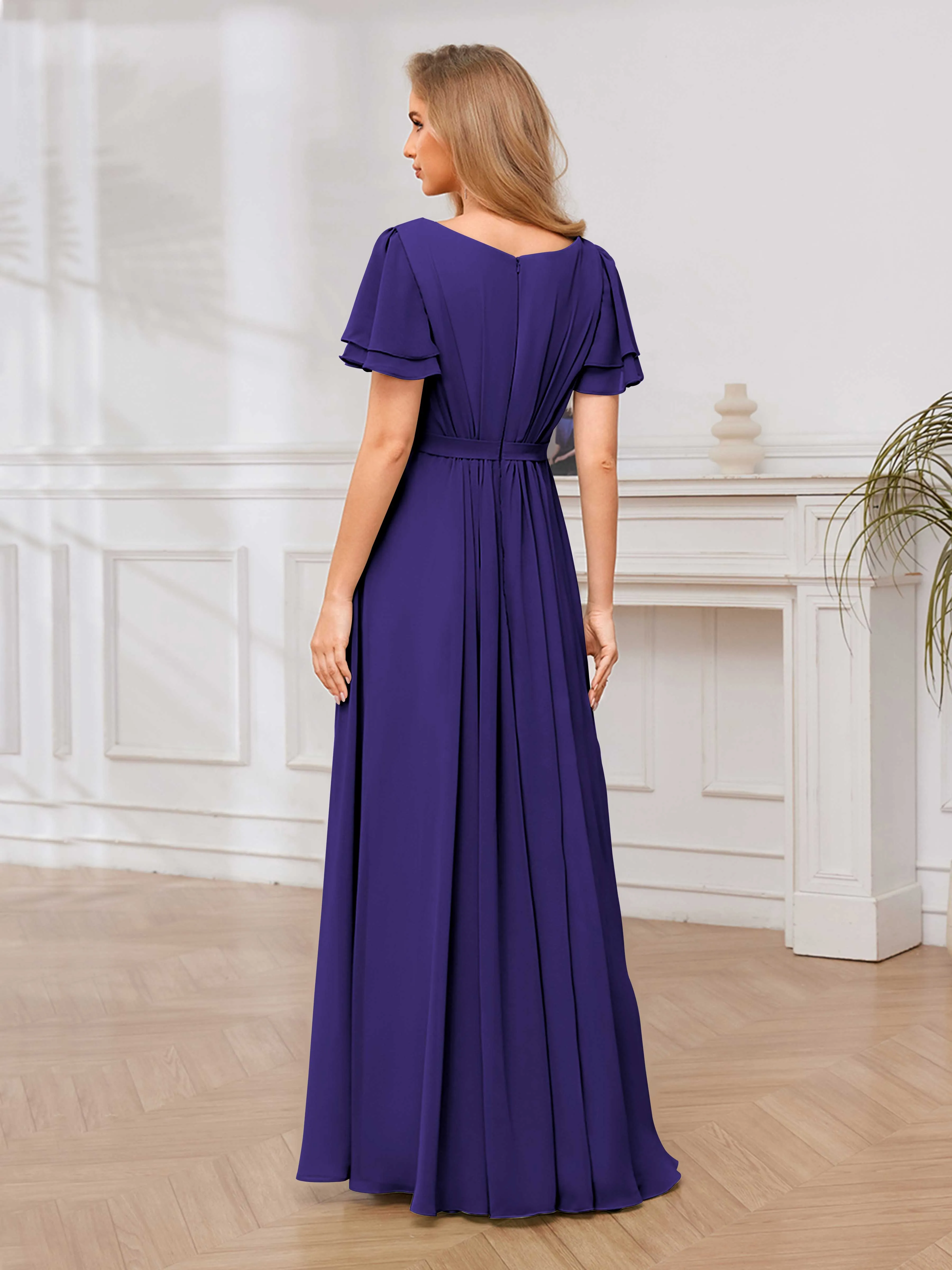 Briana Modest Scoop Short Sleeves Long Chiffon Bridesmaid Dresses
