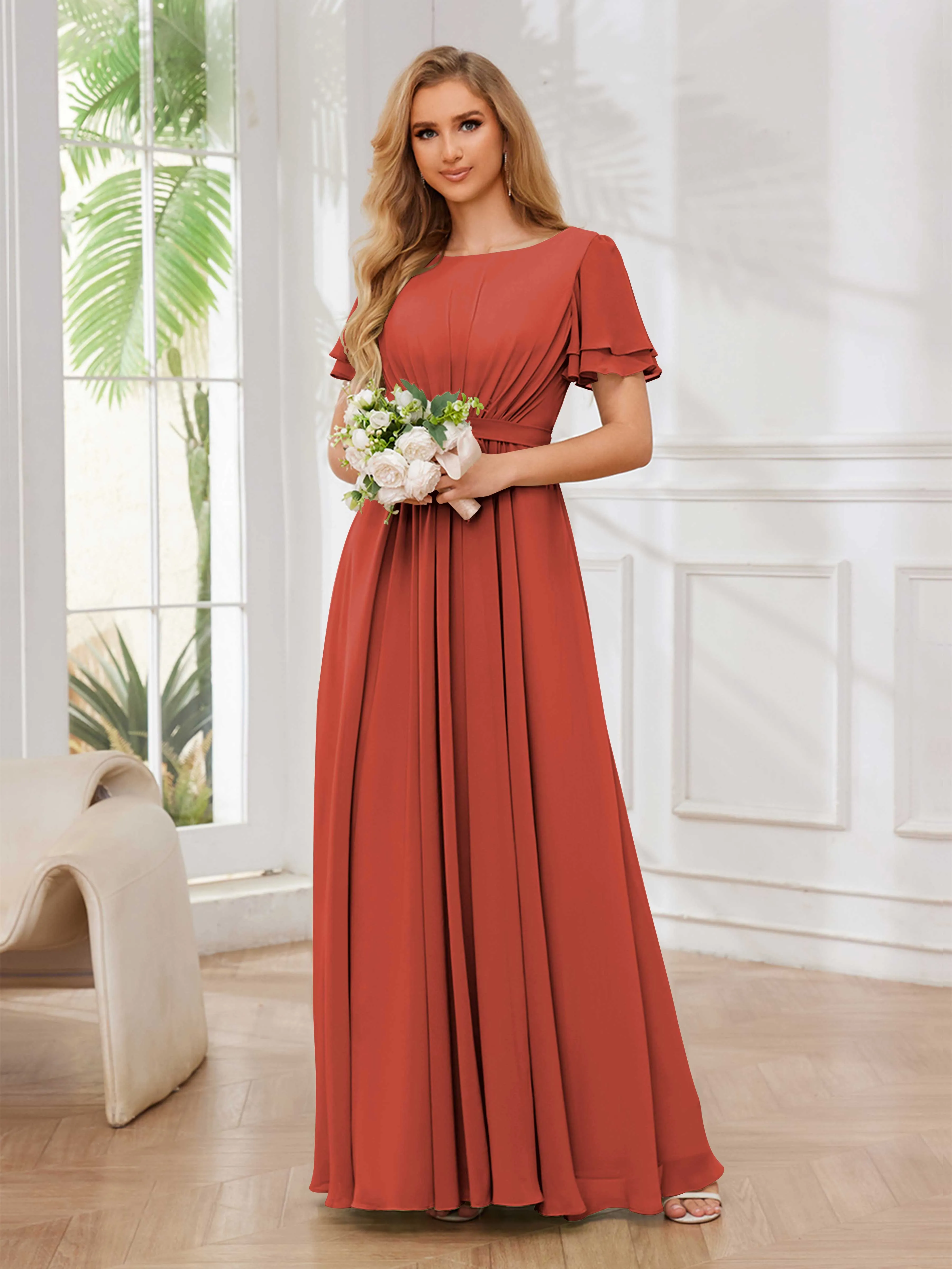 Briana Modest Scoop Short Sleeves Long Chiffon Bridesmaid Dresses